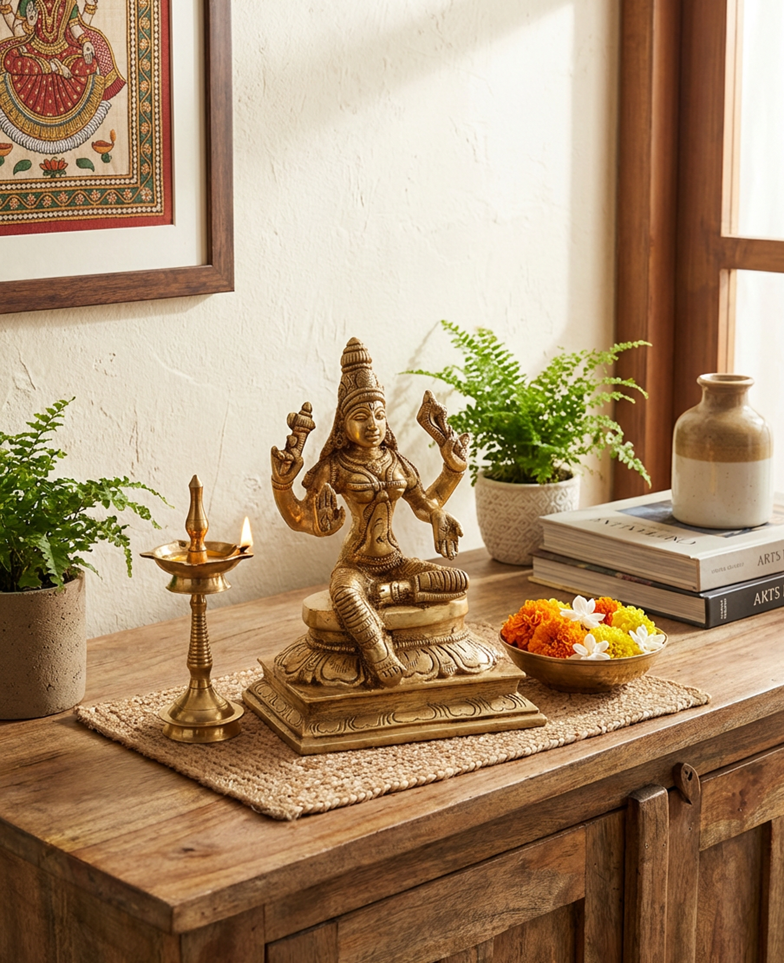 Goddess Laxmi Lakshmi Gold statue on a wooden surface with a vase and books in the background