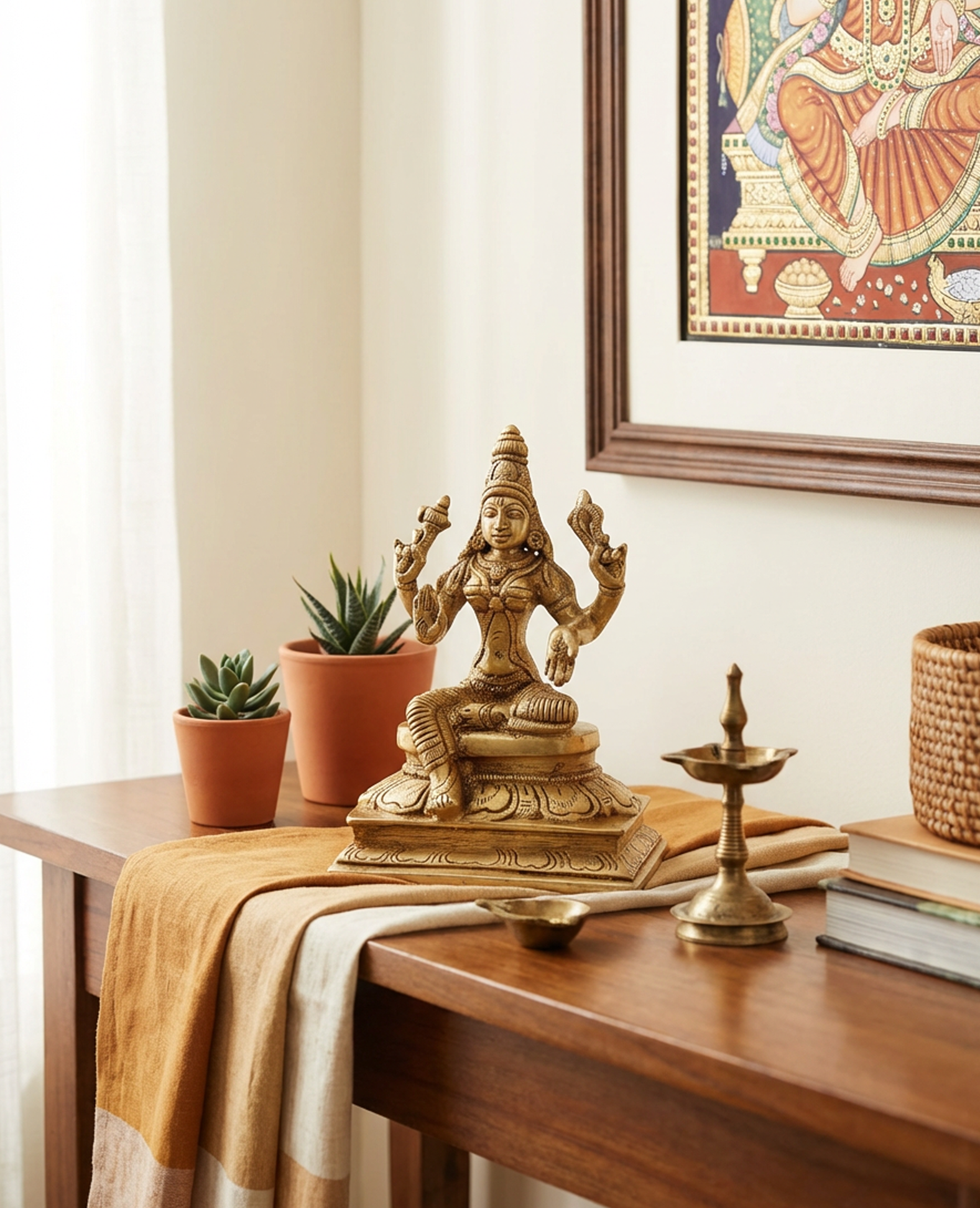Goddess Laxmi Lakshmi Gold statue on a wooden surface with a vase and books in the background