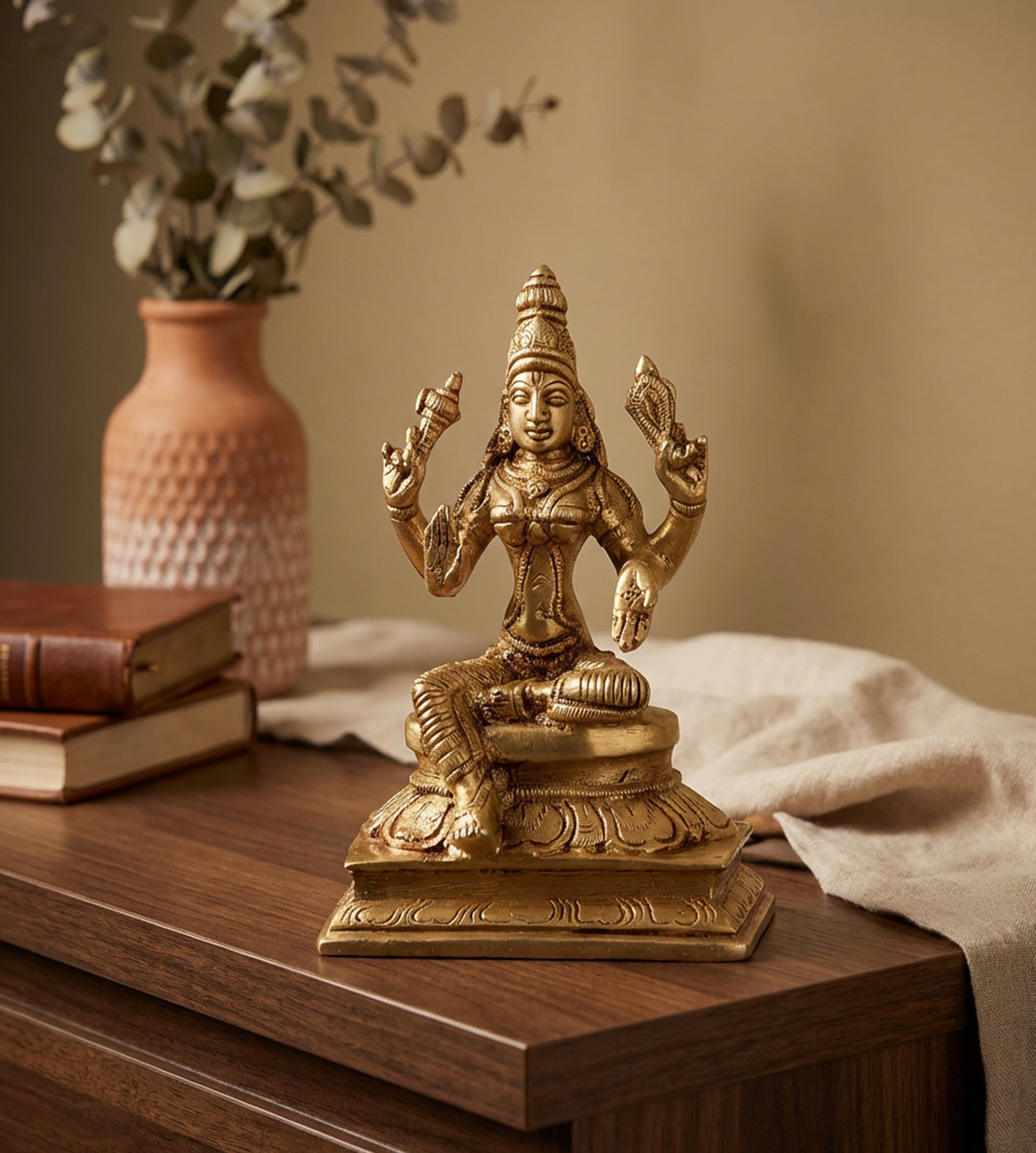 Goddess Laxmi Lakshmi Gold statue on a wooden surface with a vase and books in the background