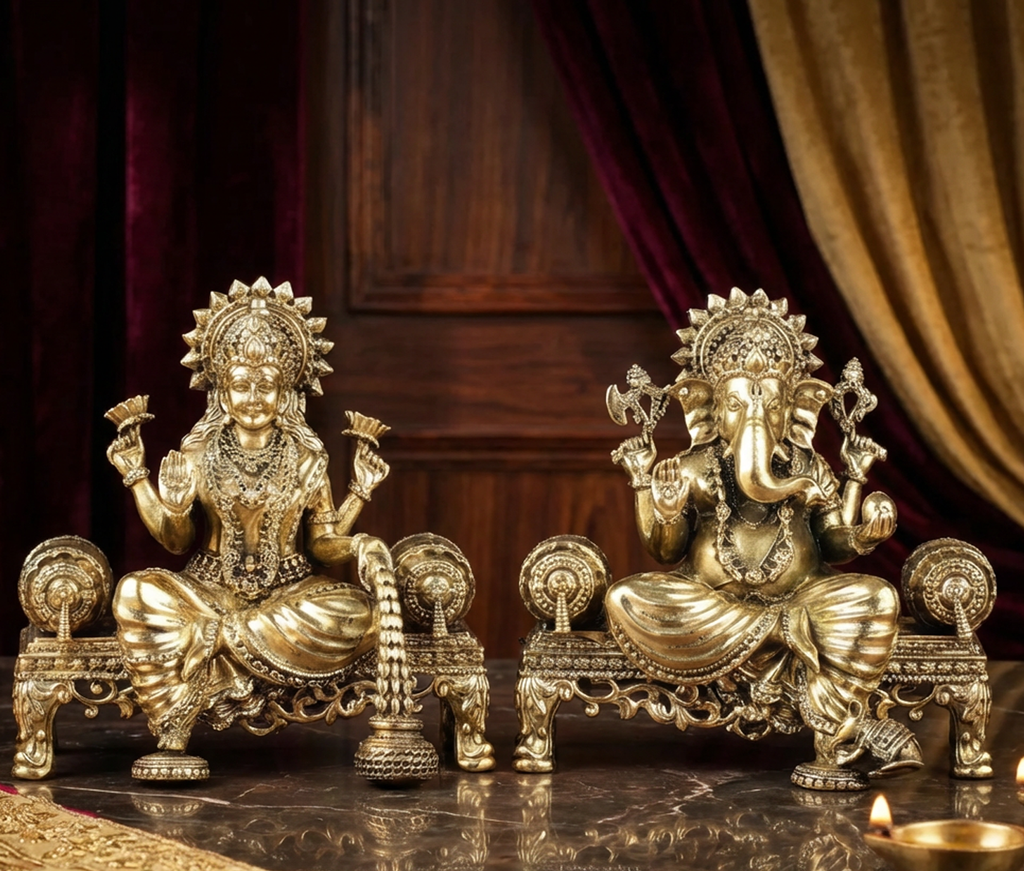 Lakshmi & Ganesha - 4 Inch Brass Idol - Handcrafted Hindu Home Decor