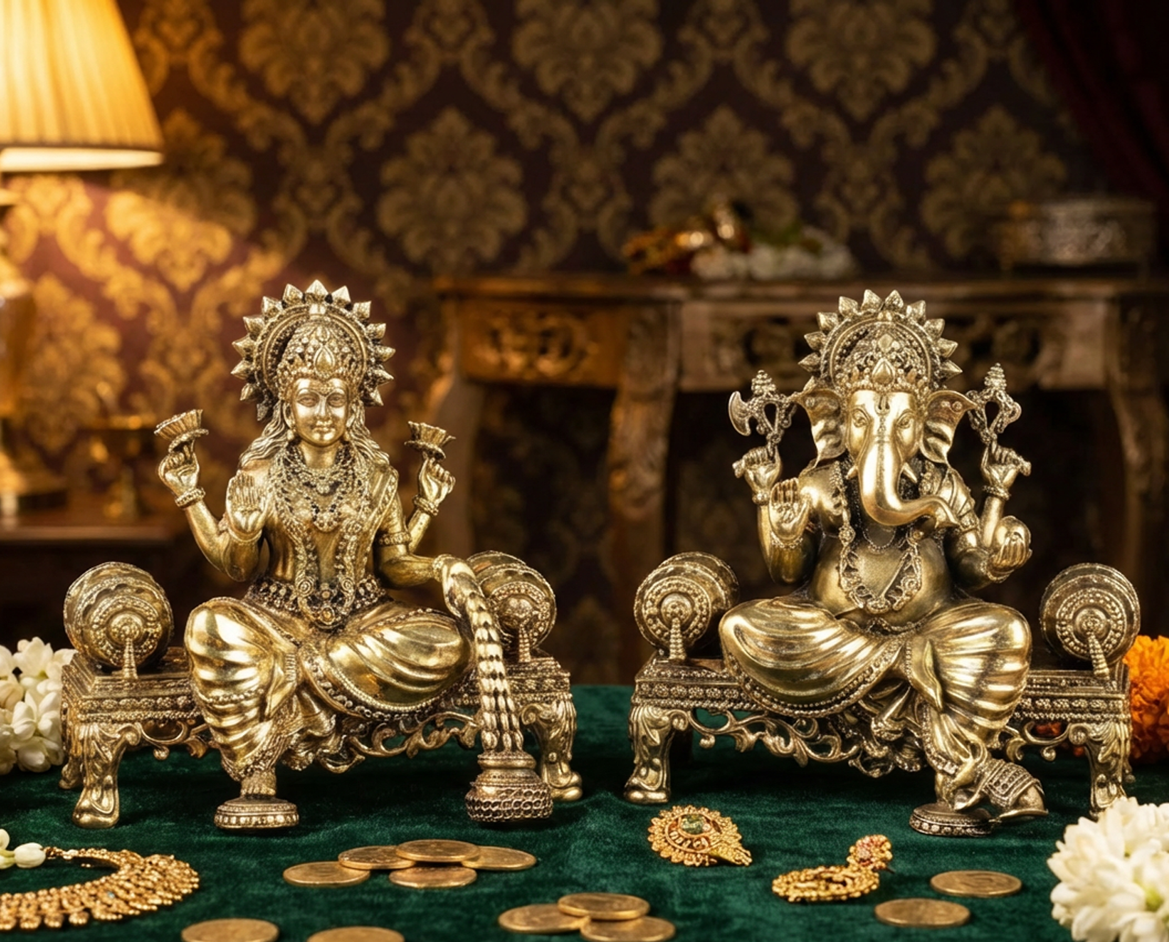 Lakshmi & Ganesha - 4 Inch Brass Idol - Handcrafted Hindu Home Decor