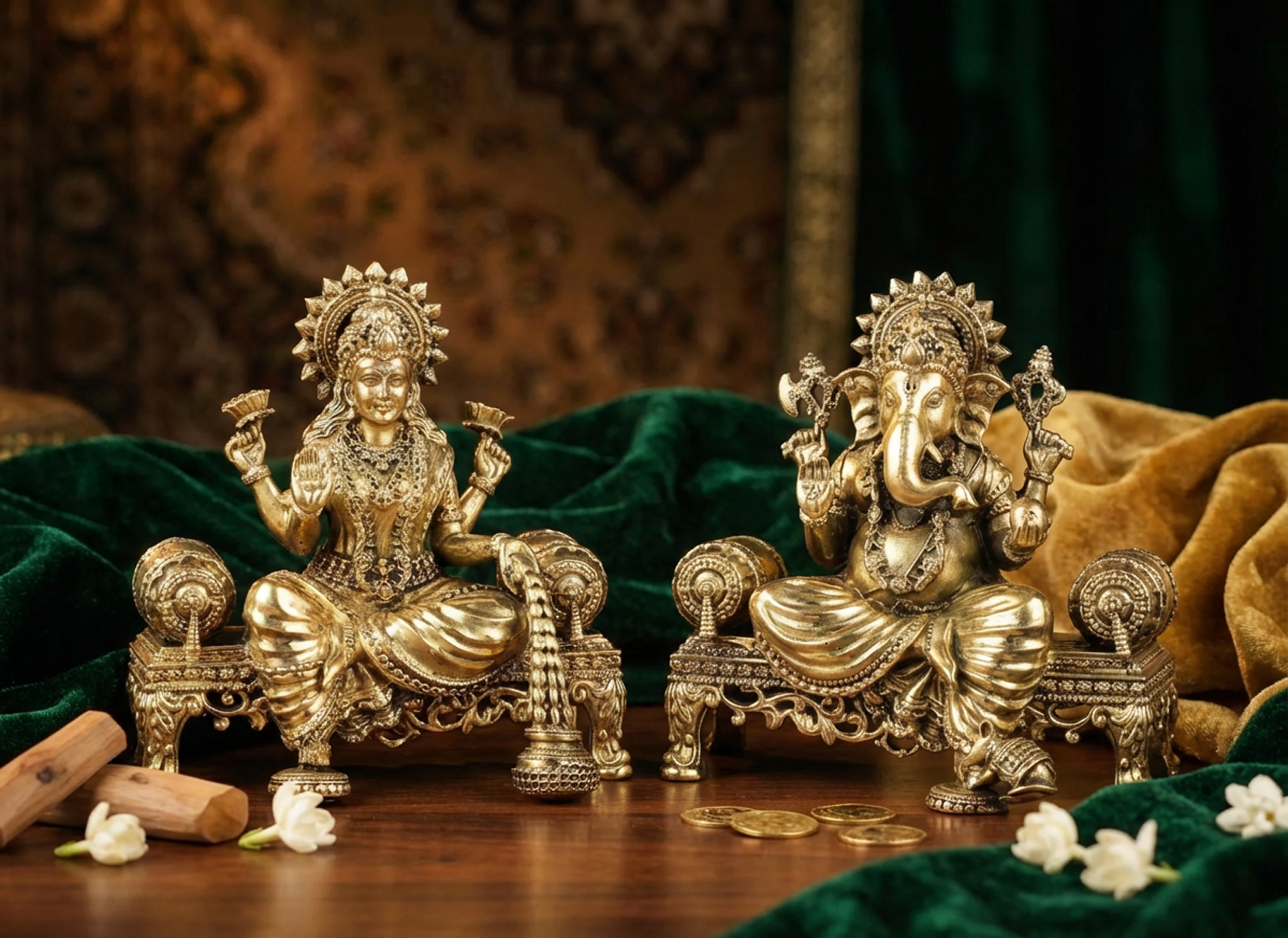 Lakshmi & Ganesha - 4 Inch Brass Idol - Handcrafted Hindu Home Decor