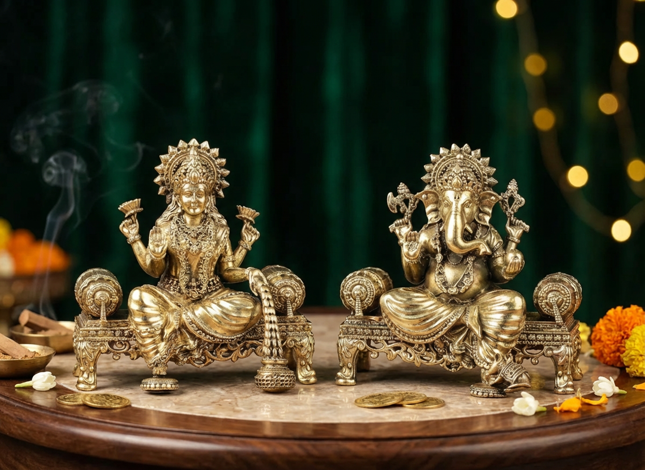 Lakshmi & Ganesha - 4 Inch Brass Idol - Handcrafted Hindu Home Decor