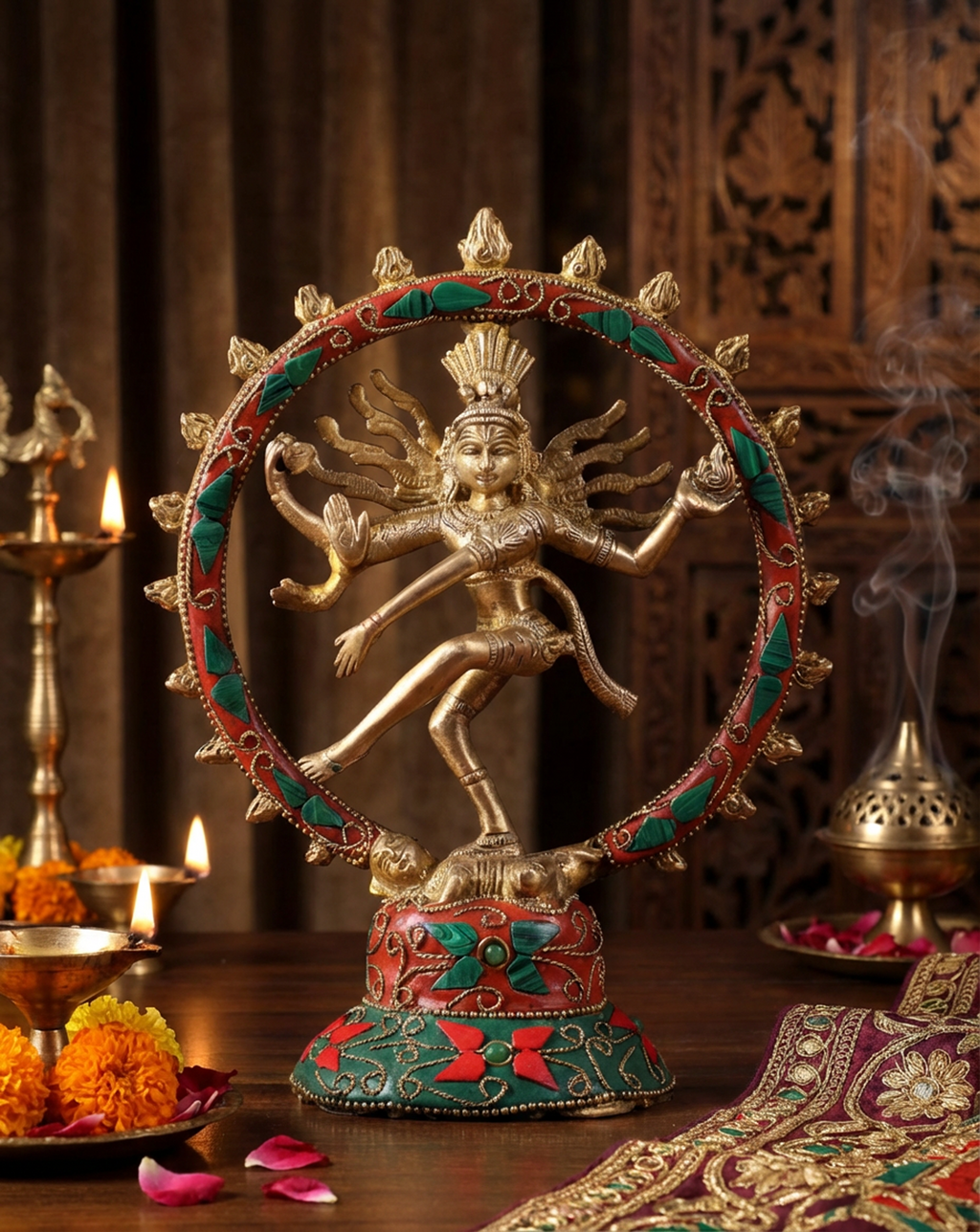 Decorative statue of  Nataraja Shiva a dancing figure with colorful frame on a wooden table.