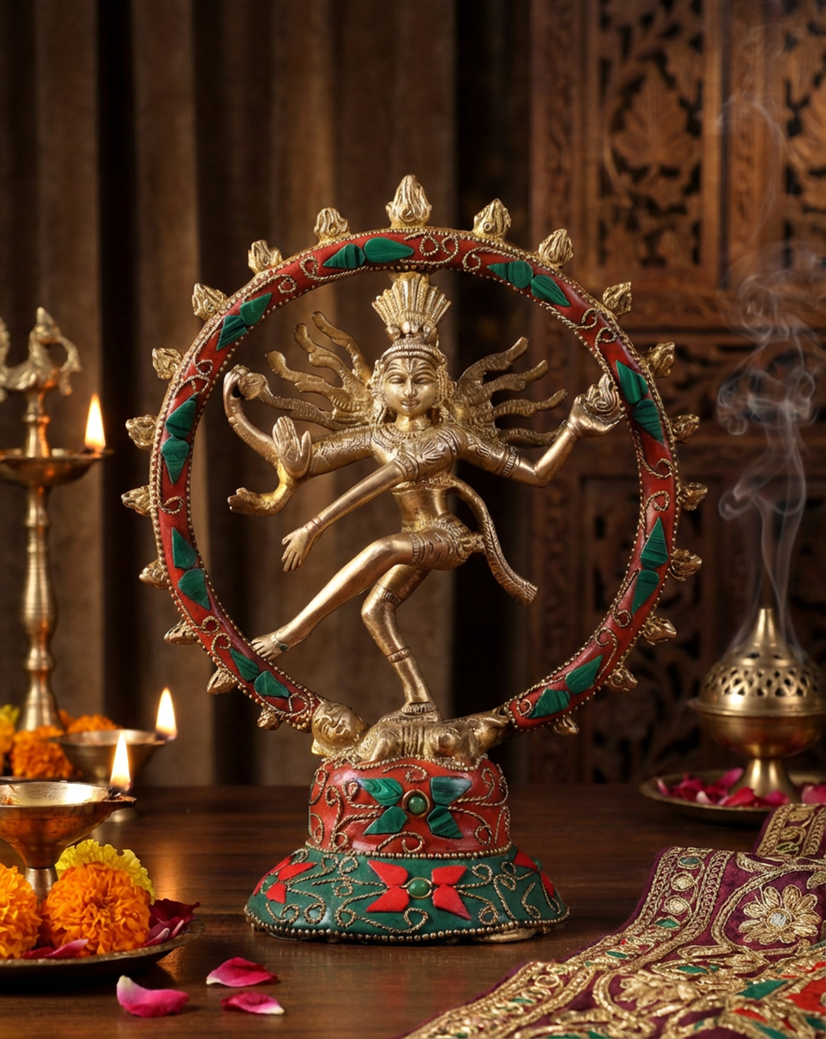 Decorative statue of  Nataraja Shiva a dancing figure with colorful frame on a wooden table.