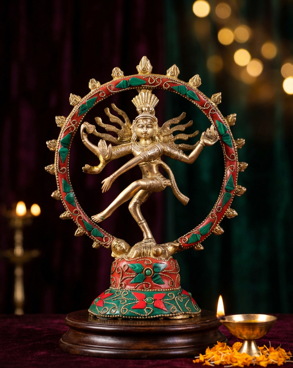 Decorative statue of a Nataraja Shiva dancing figure with intricate design on a dark background