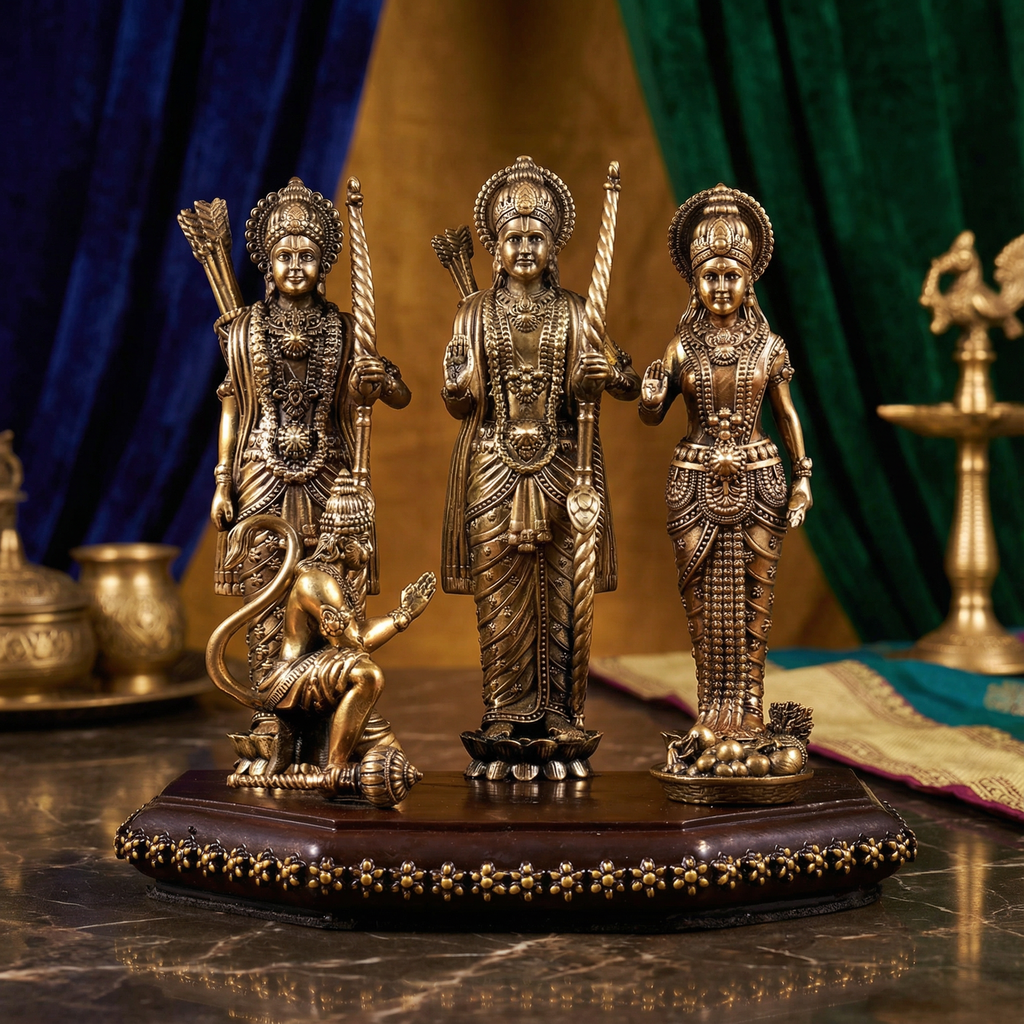 Ram Darbar Brass Idol | Superfine Dual Tone Statue 7 Inch | Lord Ram, Sita, Lakshman & Hanuman | Home Temple & Spiritual Decor
