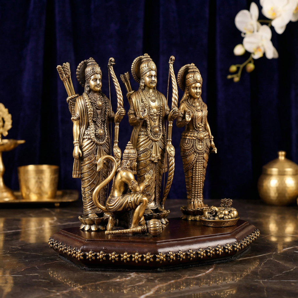 Ram Darbar Brass Idol | Superfine Dual Tone Statue 7 Inch | Lord Ram, Sita, Lakshman & Hanuman | Home Temple & Spiritual Decor