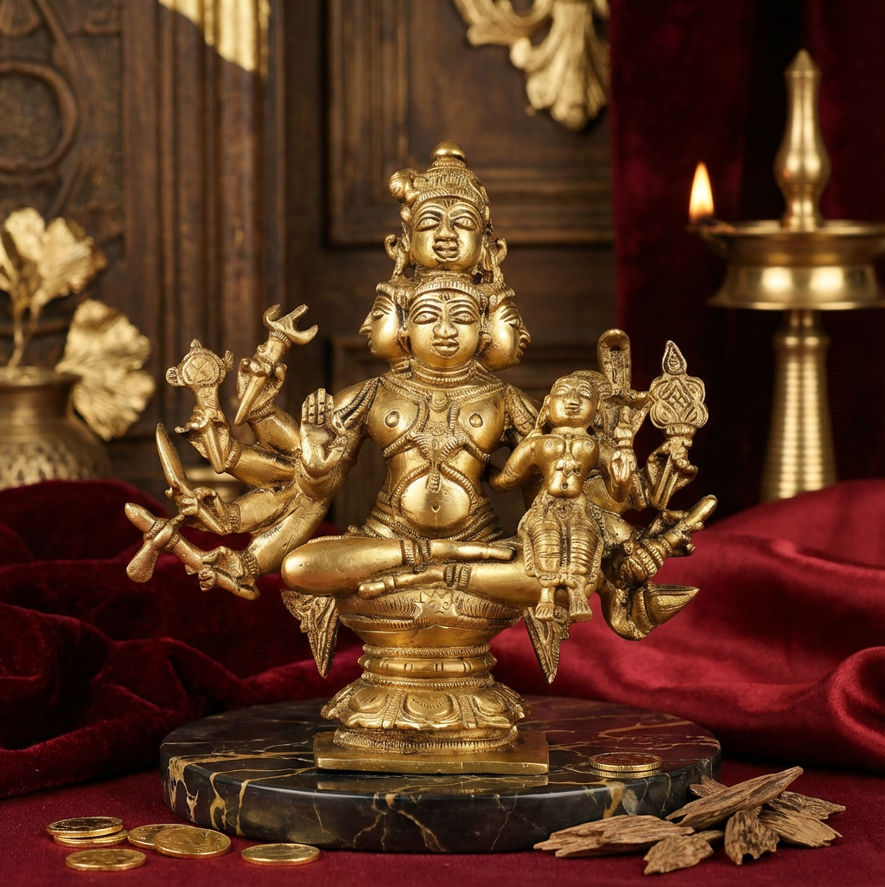 Sadashiva Panchmukhi with Parvati - 6.5 Inch Brass Idol - Handcrafted Hindu Home Decor