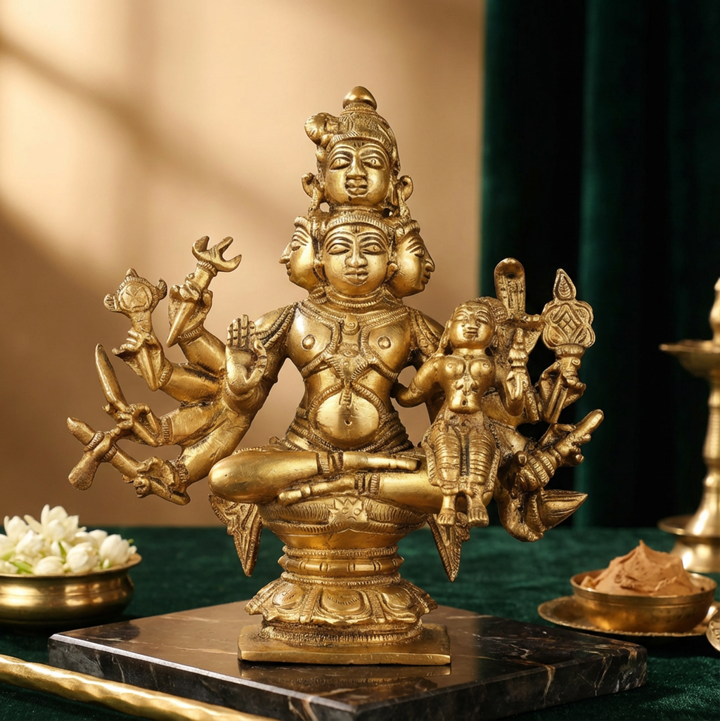 Sadashiva Panchmukhi with Parvati - 6.5 Inch Brass Idol - Handcrafted Hindu Home Decor