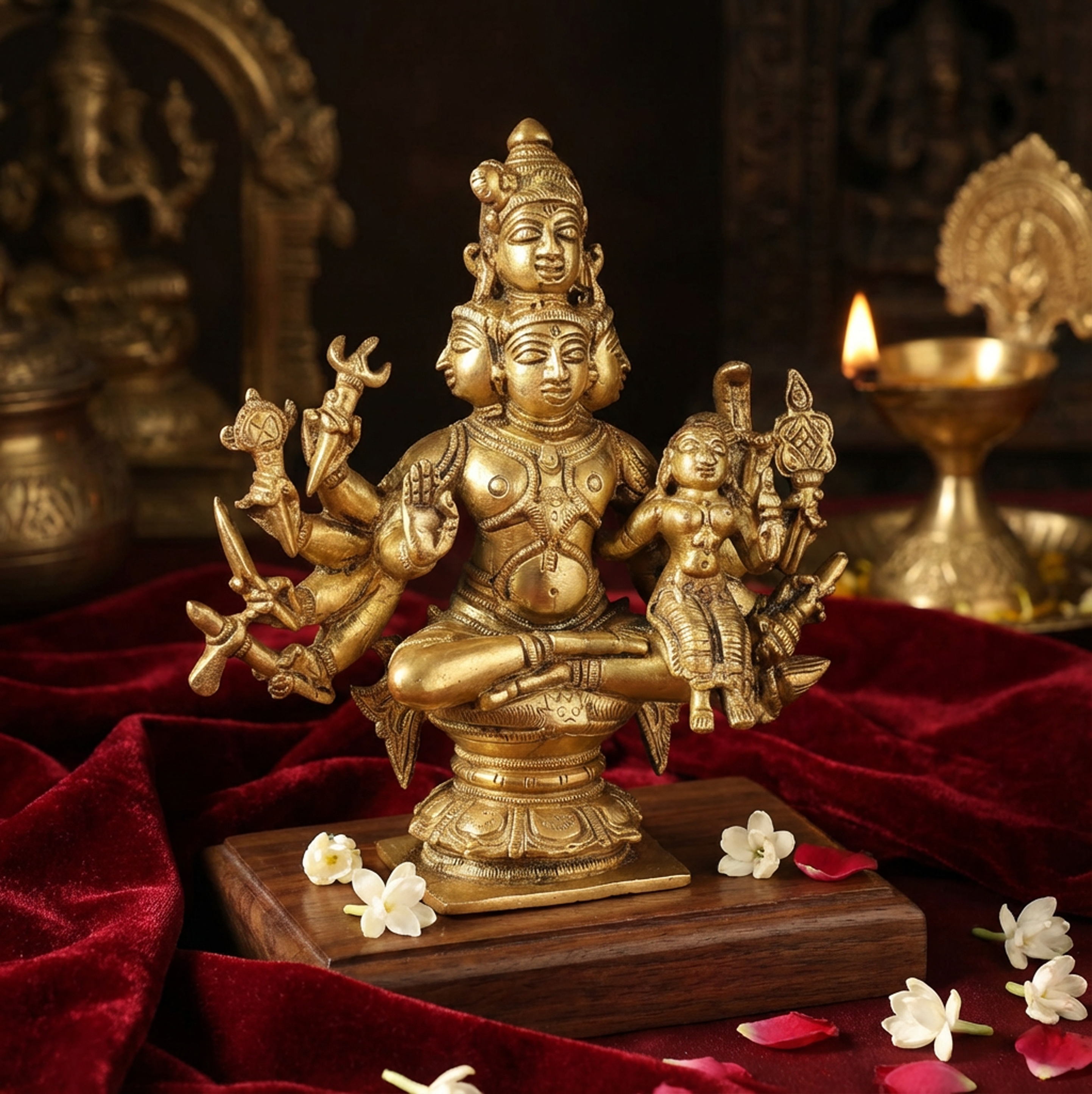 Sadashiva Panchmukhi with Parvati - 6.5 Inch Brass Idol - Handcrafted Hindu Home Decor