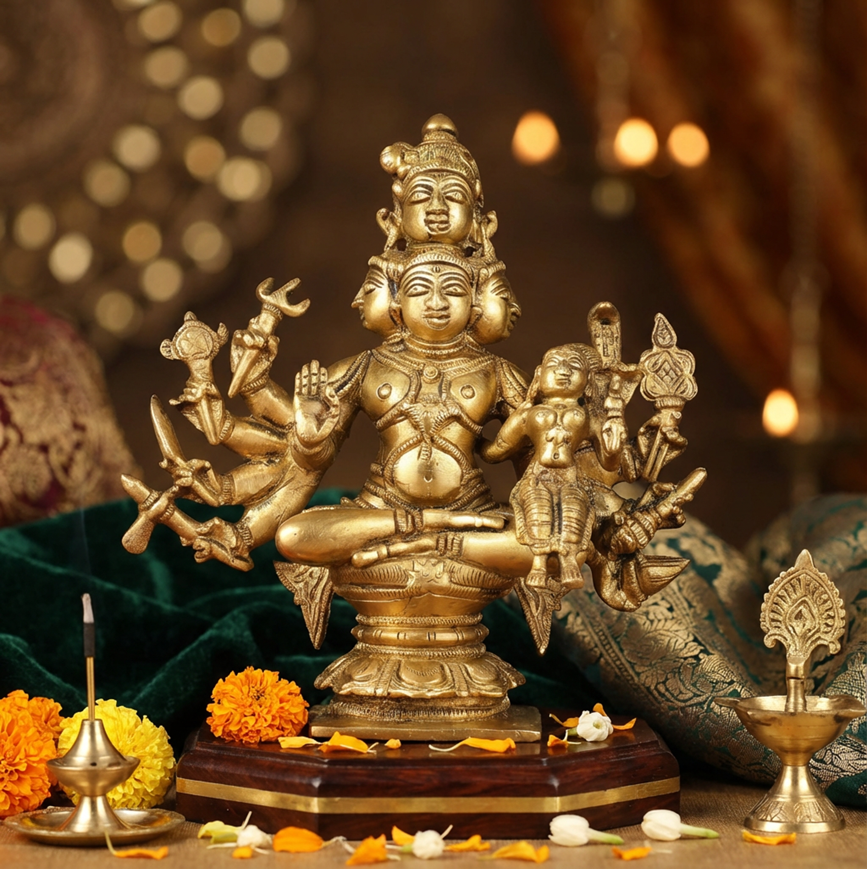 Sadashiva Panchmukhi with Parvati - 6.5 Inch Brass Idol - Handcrafted Hindu Home Decor