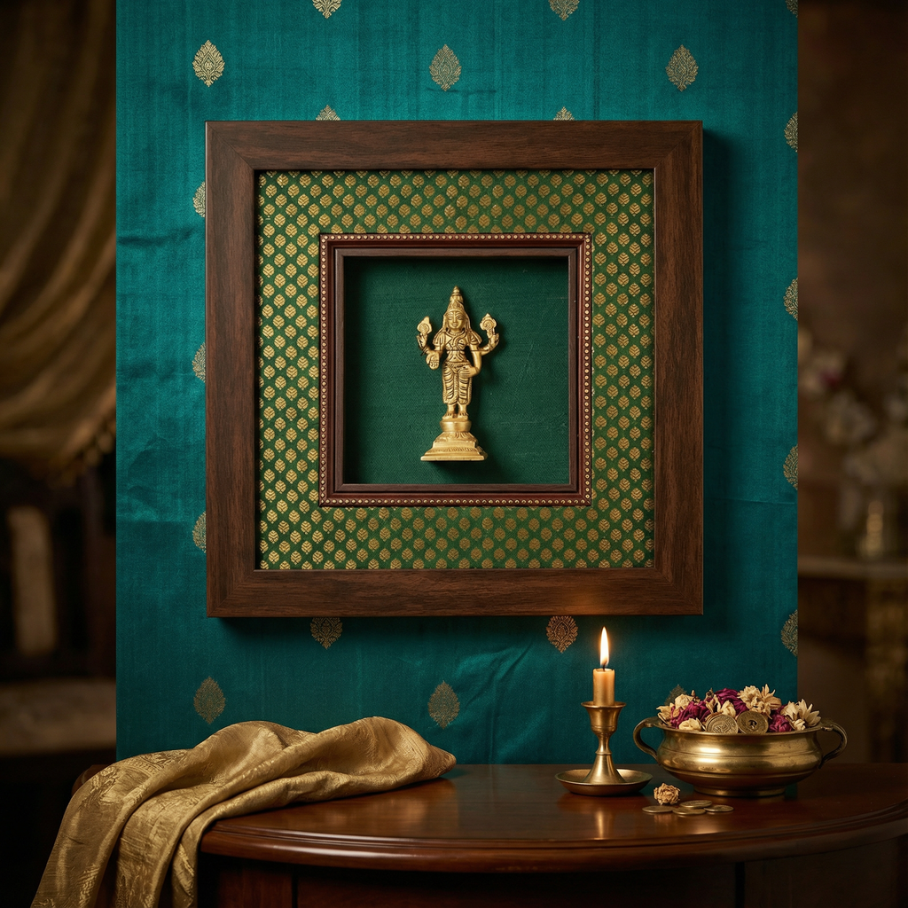 Saraswati Brass Idol Frame | Green Silk & Golden Banarasi Brocade | Luxury Indian Wall Decor | Goddess of Wisdom Artwork