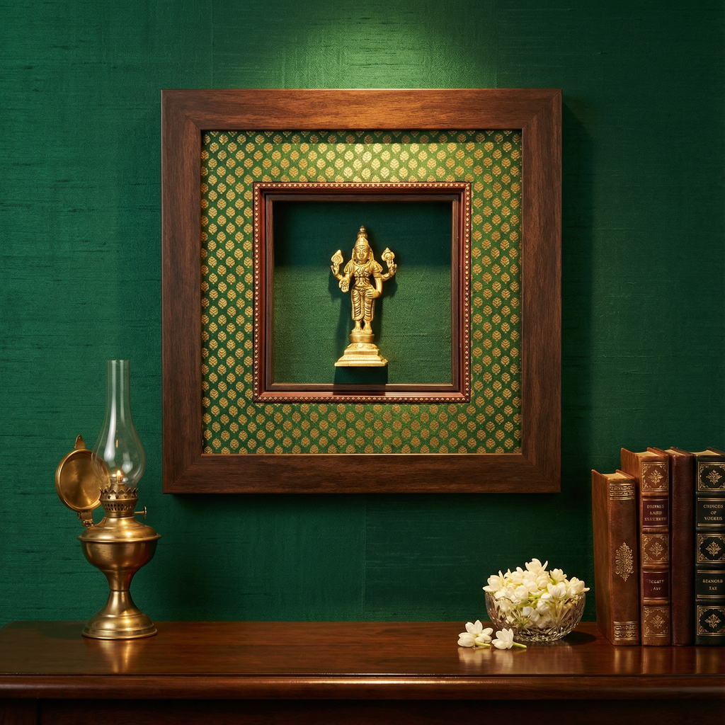 Saraswati Brass Idol Frame | Green Silk & Golden Banarasi Brocade | Luxury Indian Wall Decor | Goddess of Wisdom Artwork