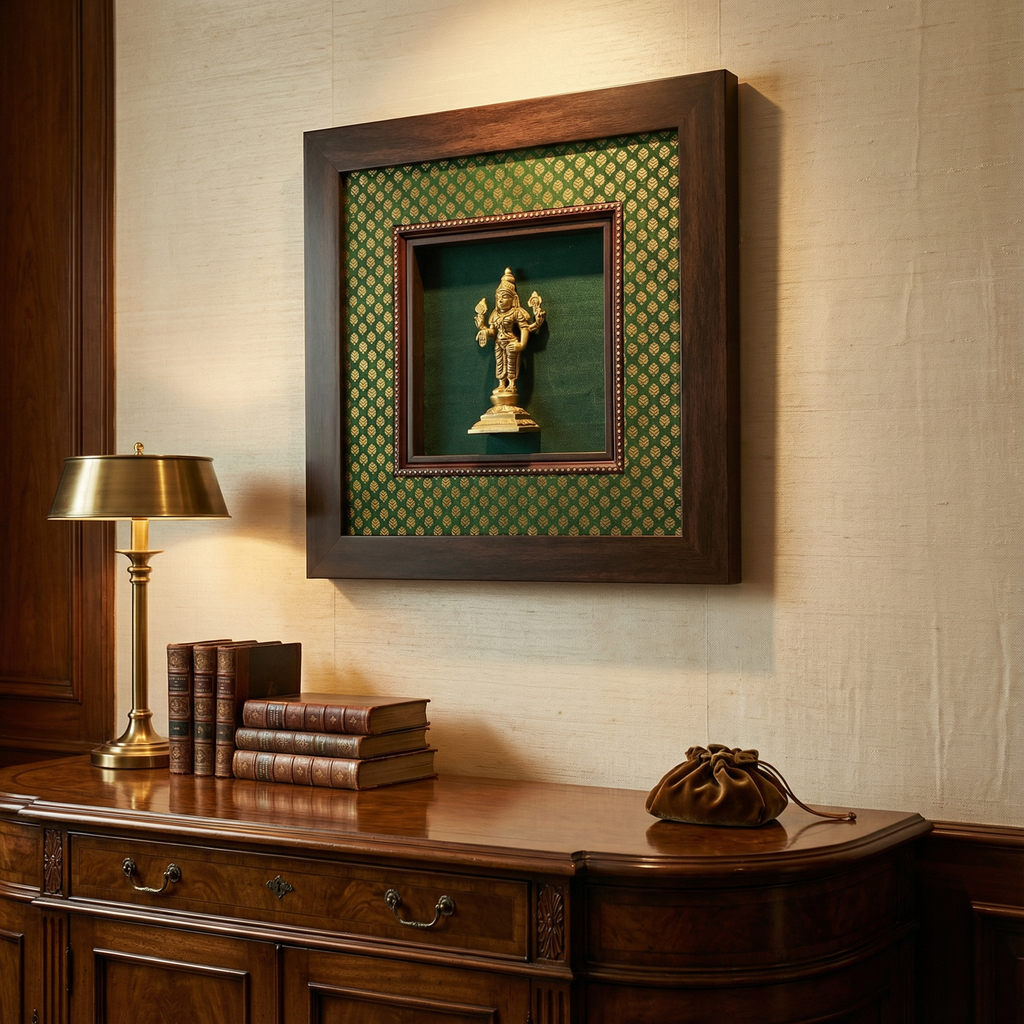 Saraswati Brass Idol Frame | Green Silk & Golden Banarasi Brocade | Luxury Indian Wall Decor | Goddess of Wisdom Artwork