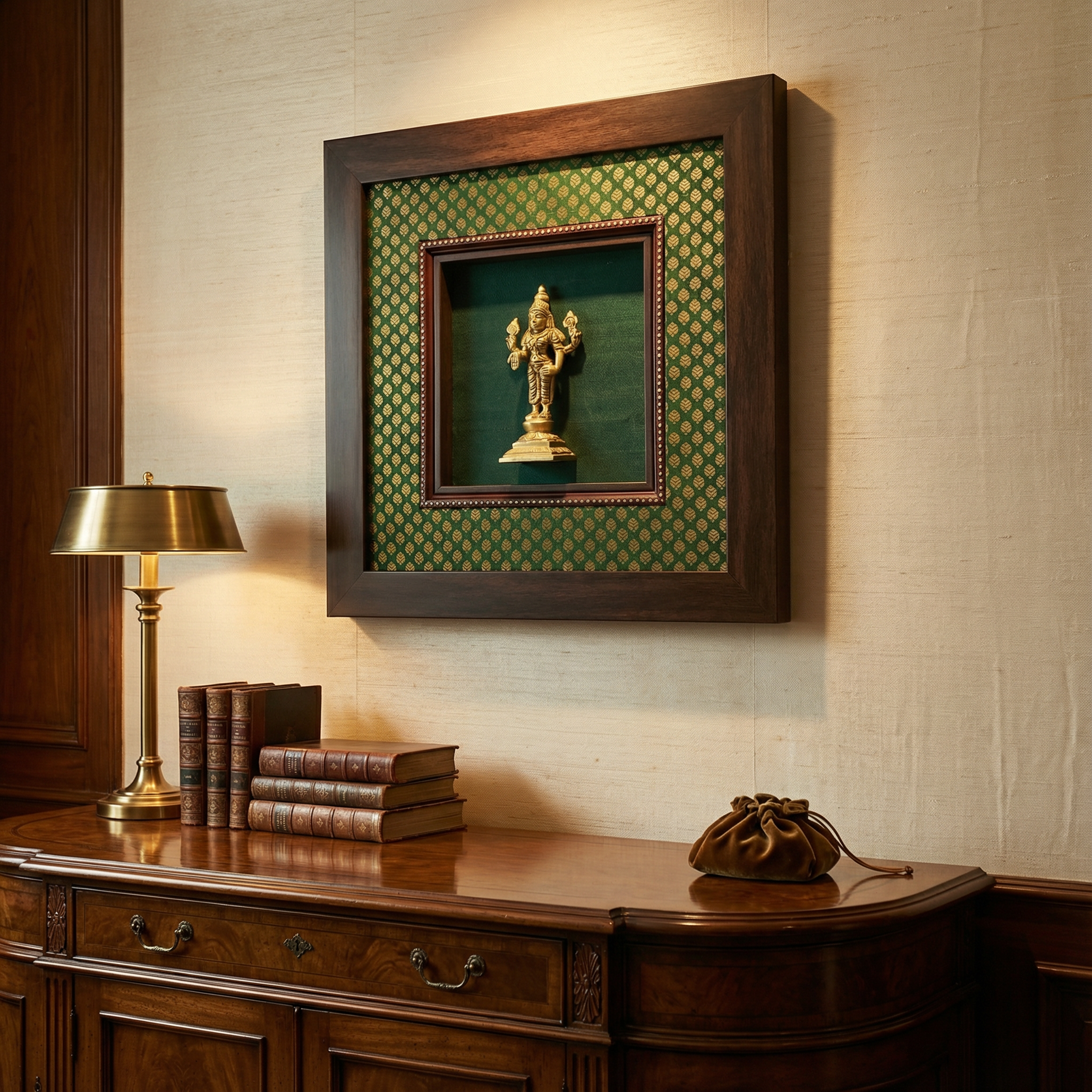 Saraswati Brass Idol Frame | Green Silk & Golden Banarasi Brocade | Luxury Indian Wall Decor | Goddess of Wisdom Artwork