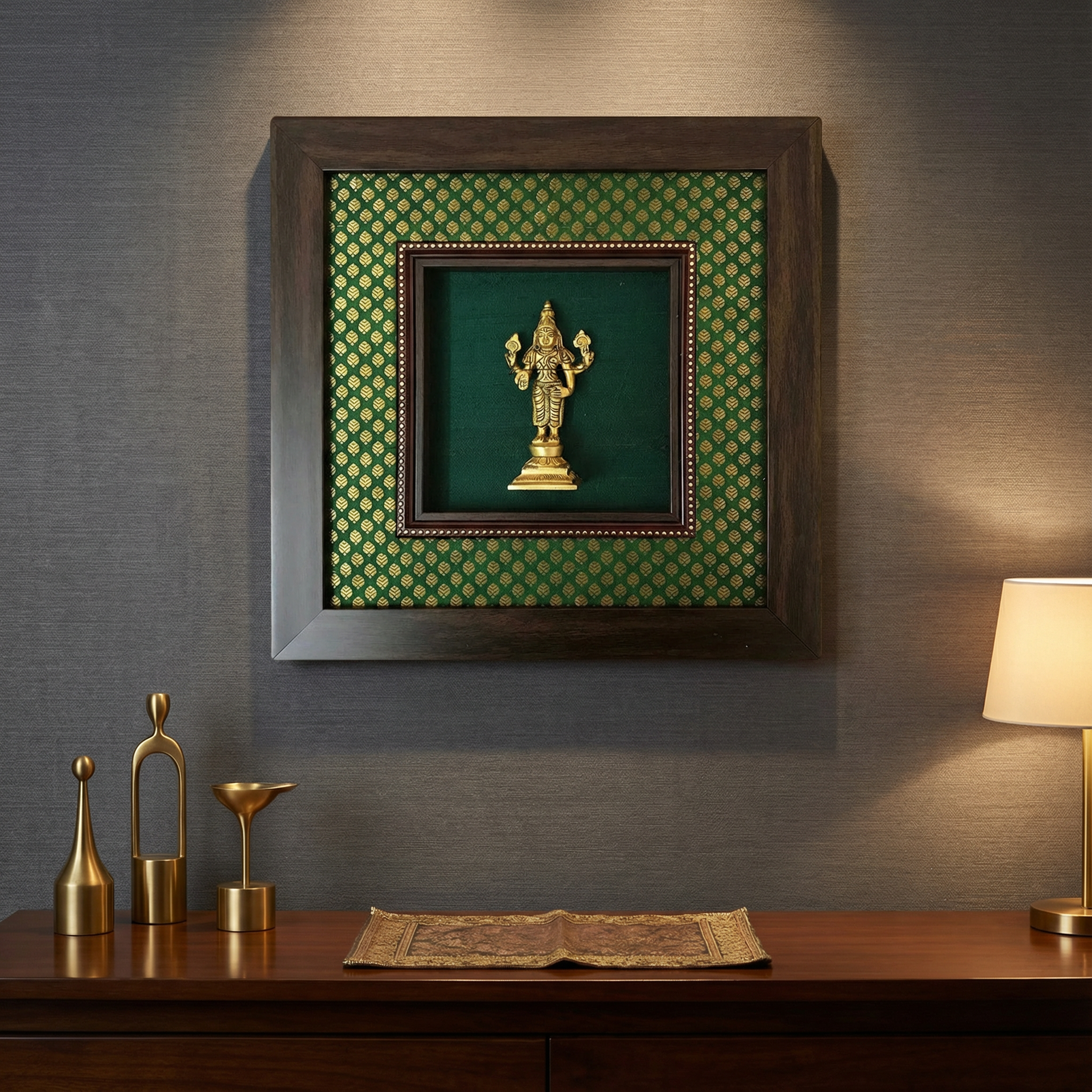 Saraswati Brass Idol Frame | Green Silk & Golden Banarasi Brocade | Luxury Indian Wall Decor | Goddess of Wisdom Artwork