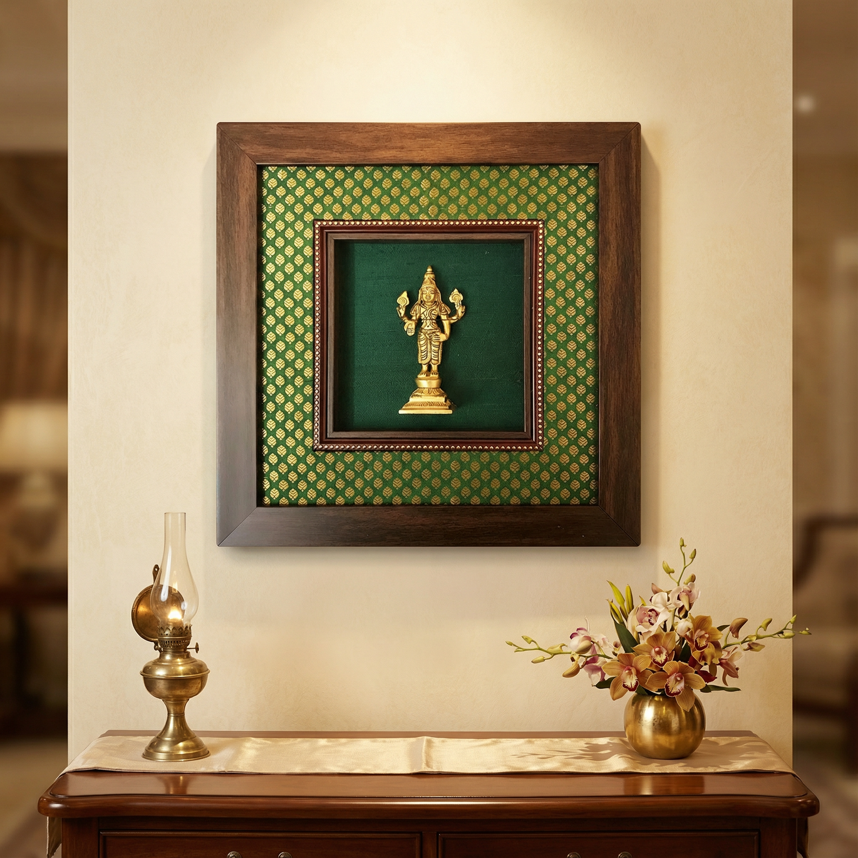 Saraswati Brass Idol Frame | Green Silk & Golden Banarasi Brocade | Luxury Indian Wall Decor | Goddess of Wisdom Artwork