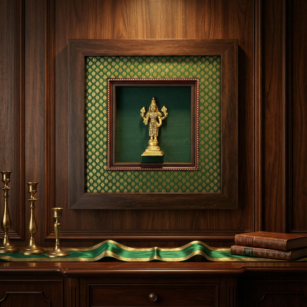 Saraswati Brass Idol Frame | Green Silk & Golden Banarasi Brocade | Luxury Indian Wall Decor | Goddess of Wisdom Artwork