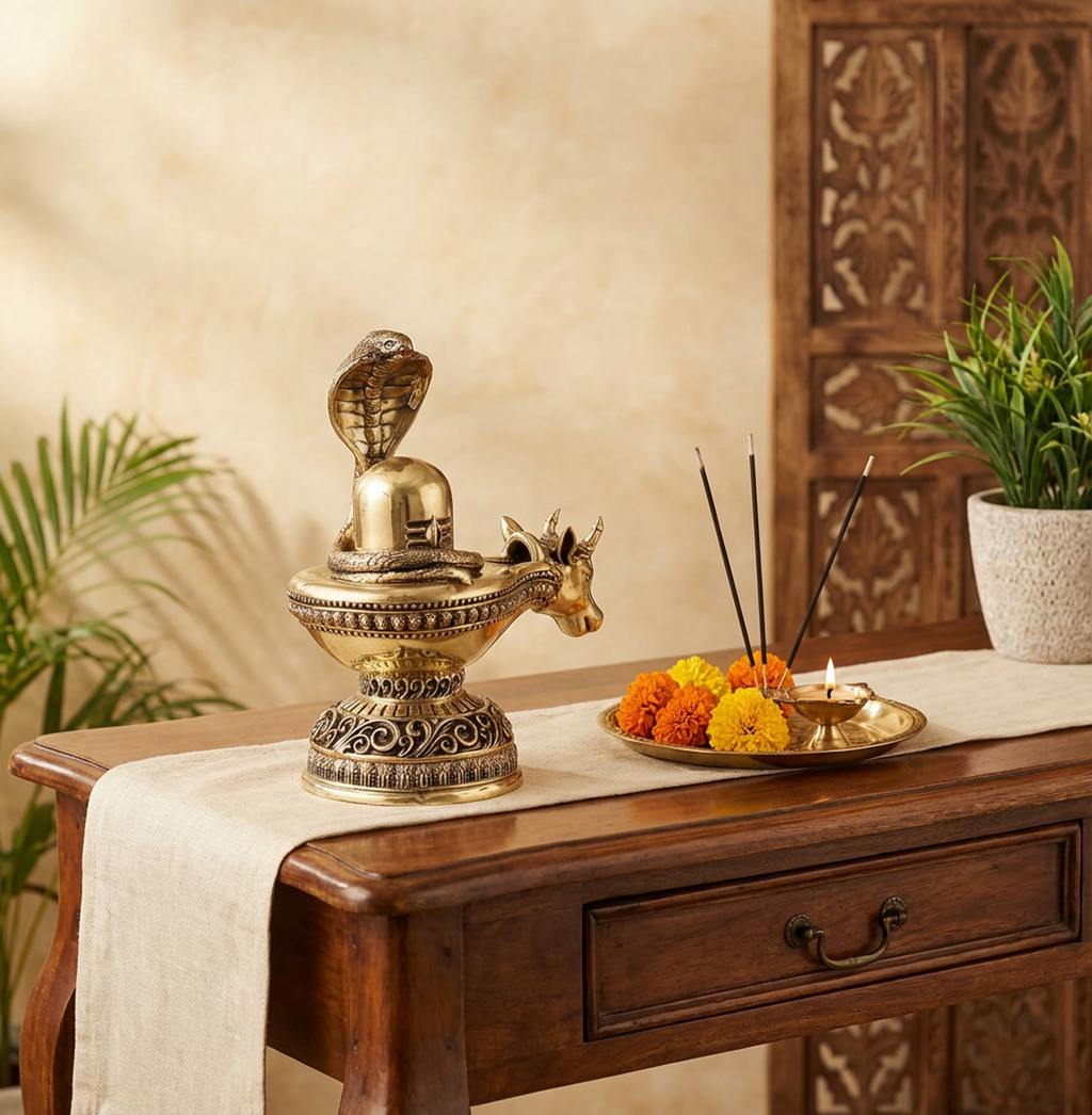 Shivling with Nandi | 7 Inch Shivling Brass Idol | Shiva Pooja Murti | Premium Hindu Spiritual Decor