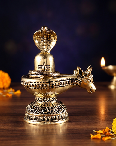 Shivling with Nandi | 7 Inch Shivling Brass Idol | Shiva Pooja Murti | Premium Hindu Spiritual Decor