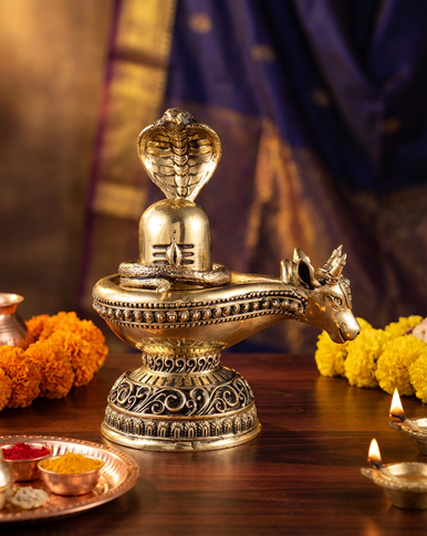 Shivling with Nandi | 7 Inch Shivling Brass Idol | Shiva Pooja Murti | Premium Hindu Spiritual Decor
