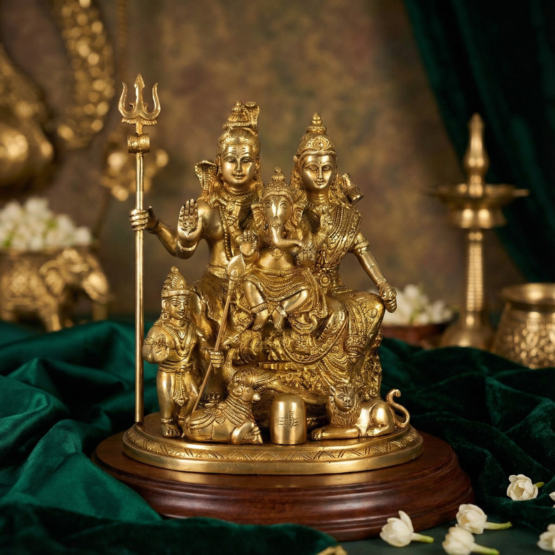Shiva Parivaar Idol | 9.5 Inch Handcrafted Brass Shiva Family Statue | Golden Finish | Home Temple & Spiritual Decor