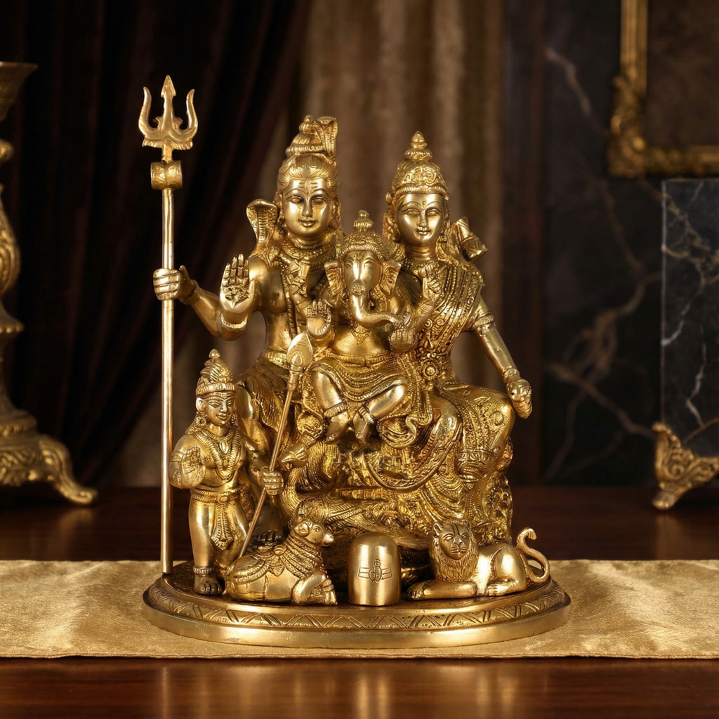 Shiva Parivaar Idol | 9.5 Inch Handcrafted Brass Shiva Family Statue | Golden Finish | Home Temple & Spiritual Decor