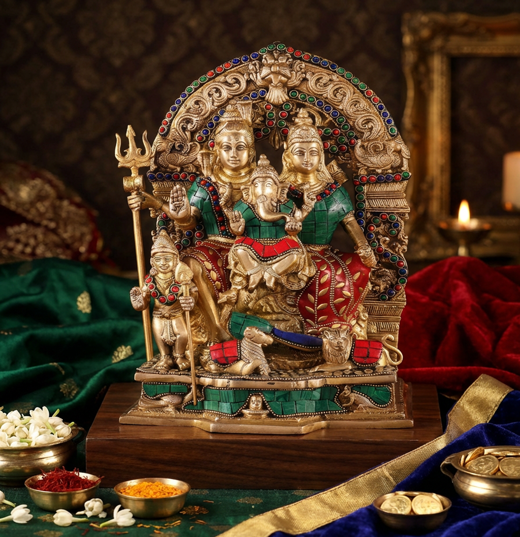 Shiv Parivar - 12 Inch Brass With Adorned Work - Handcrafted Hindu Home Decor