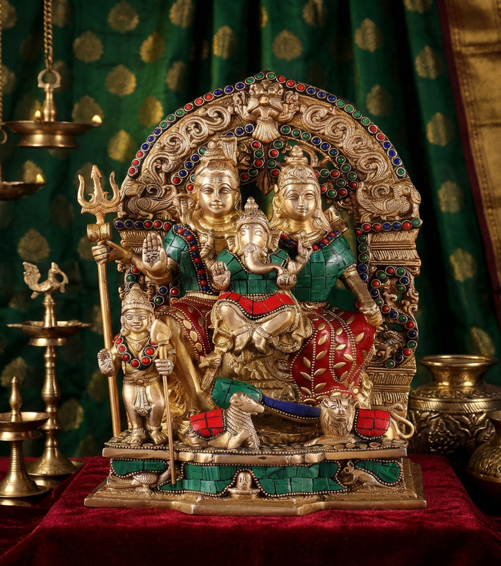 Shiv Parivar - 12 Inch Brass With Adorned Work - Handcrafted Hindu Home Decor