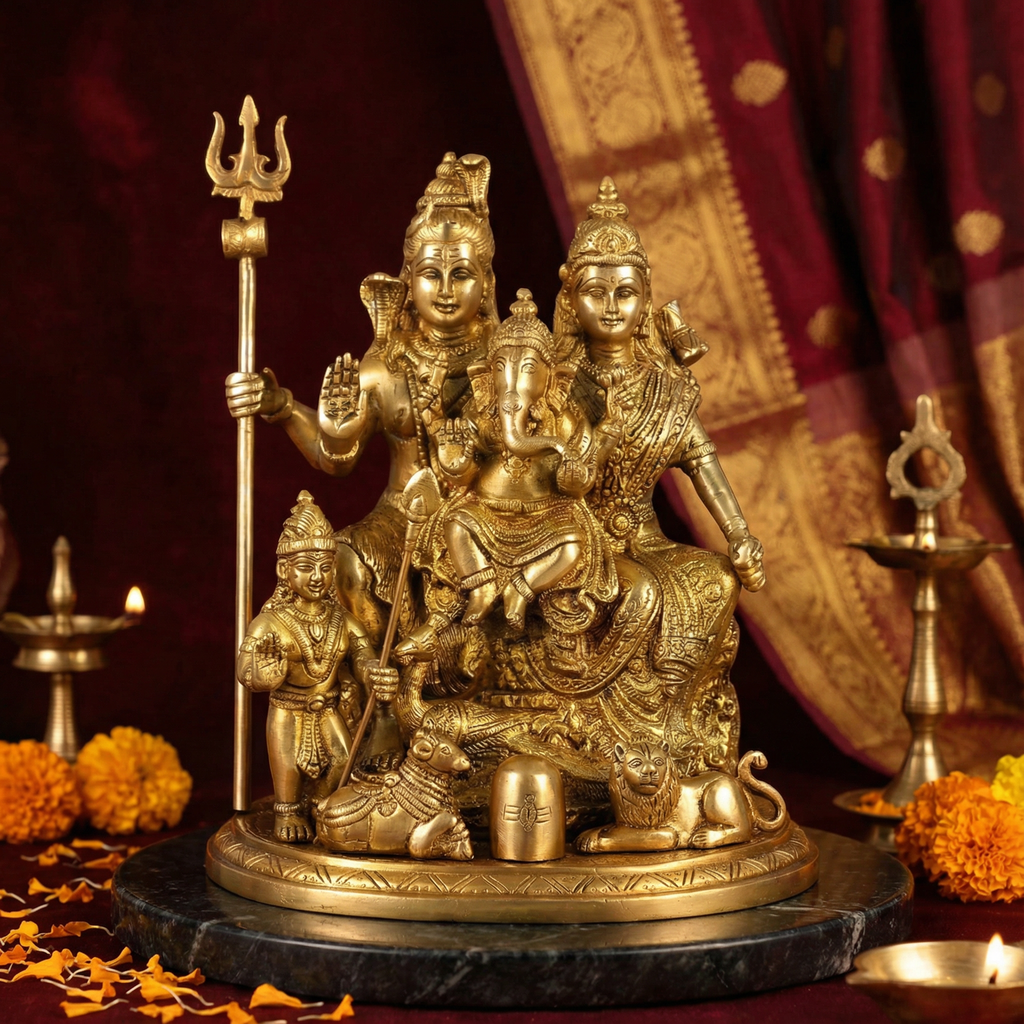 Shiva Parivaar Idol | 9.5 Inch Handcrafted Brass Shiva Family Statue | Golden Finish | Home Temple & Spiritual Decor