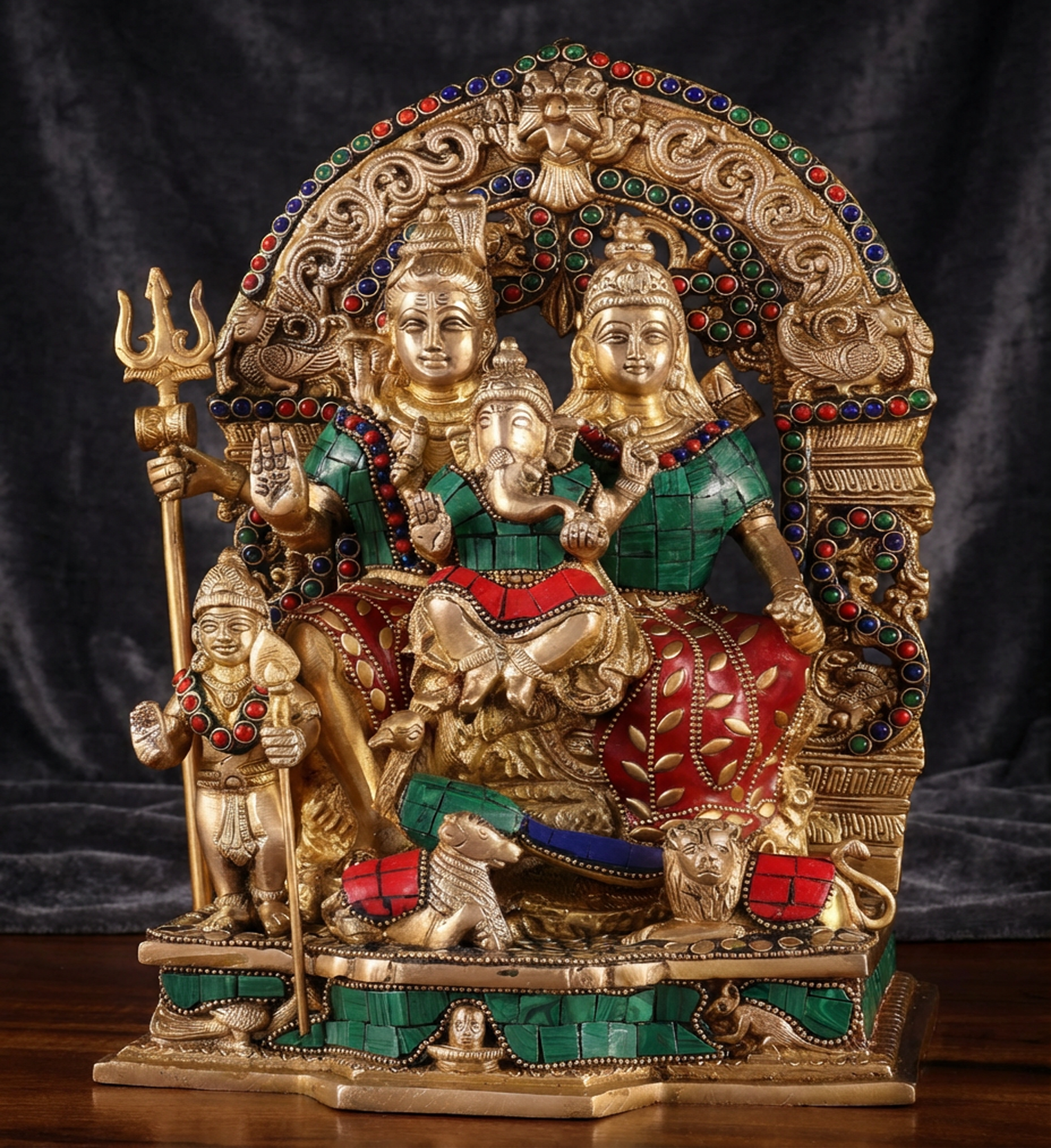 Shiv Parivar - 12 Inch Brass With Adorned Work - Handcrafted Hindu Home Decor