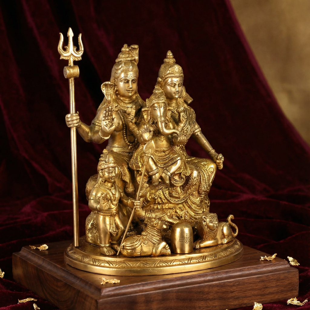 Shiva Parivaar Idol | 9.5 Inch Handcrafted Brass Shiva Family Statue | Golden Finish | Home Temple & Spiritual Decor