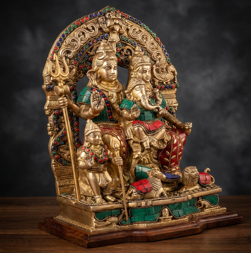 Shiv Parivar - 12 Inch Brass With Adorned Work - Handcrafted Hindu Home Decor