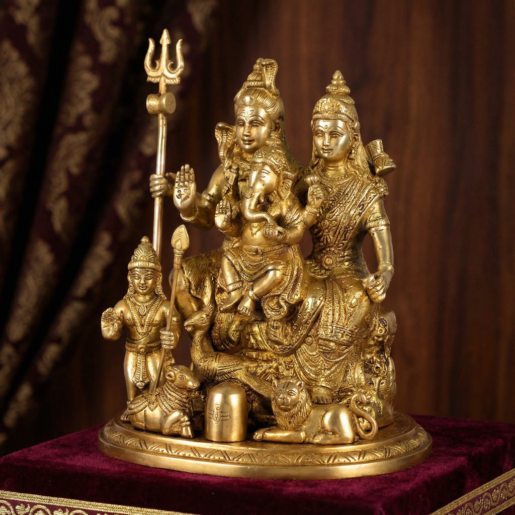 Shiva Parivaar Idol | 9.5 Inch Handcrafted Brass Shiva Family Statue | Golden Finish | Home Temple & Spiritual Decor