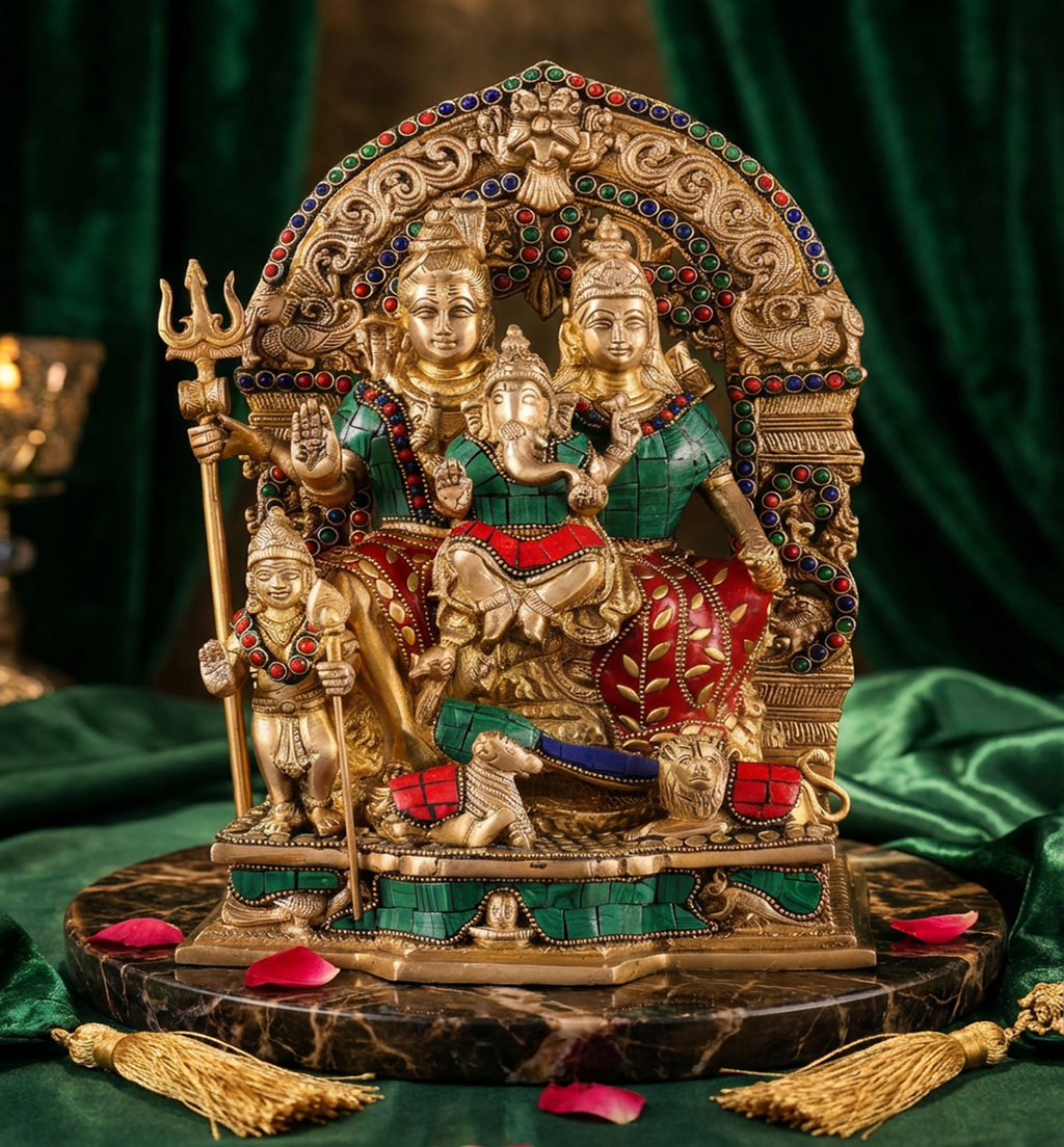 Shiv Parivar - 12 Inch Brass With Adorned Work - Handcrafted Hindu Home Decor