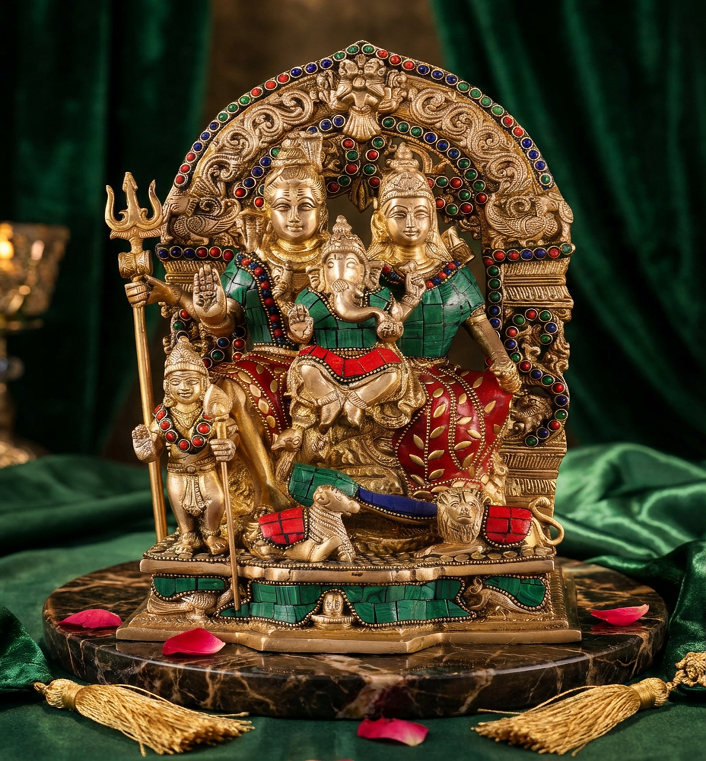 Shiv Parivar - 12 Inch Brass With Adorned Work - Handcrafted Hindu Home Decor