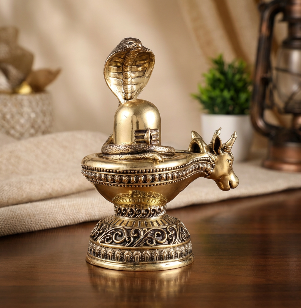 Shivling with Nandi | 7 Inch Shivling Brass Idol | Shiva Pooja Murti | Premium Hindu Spiritual Decor