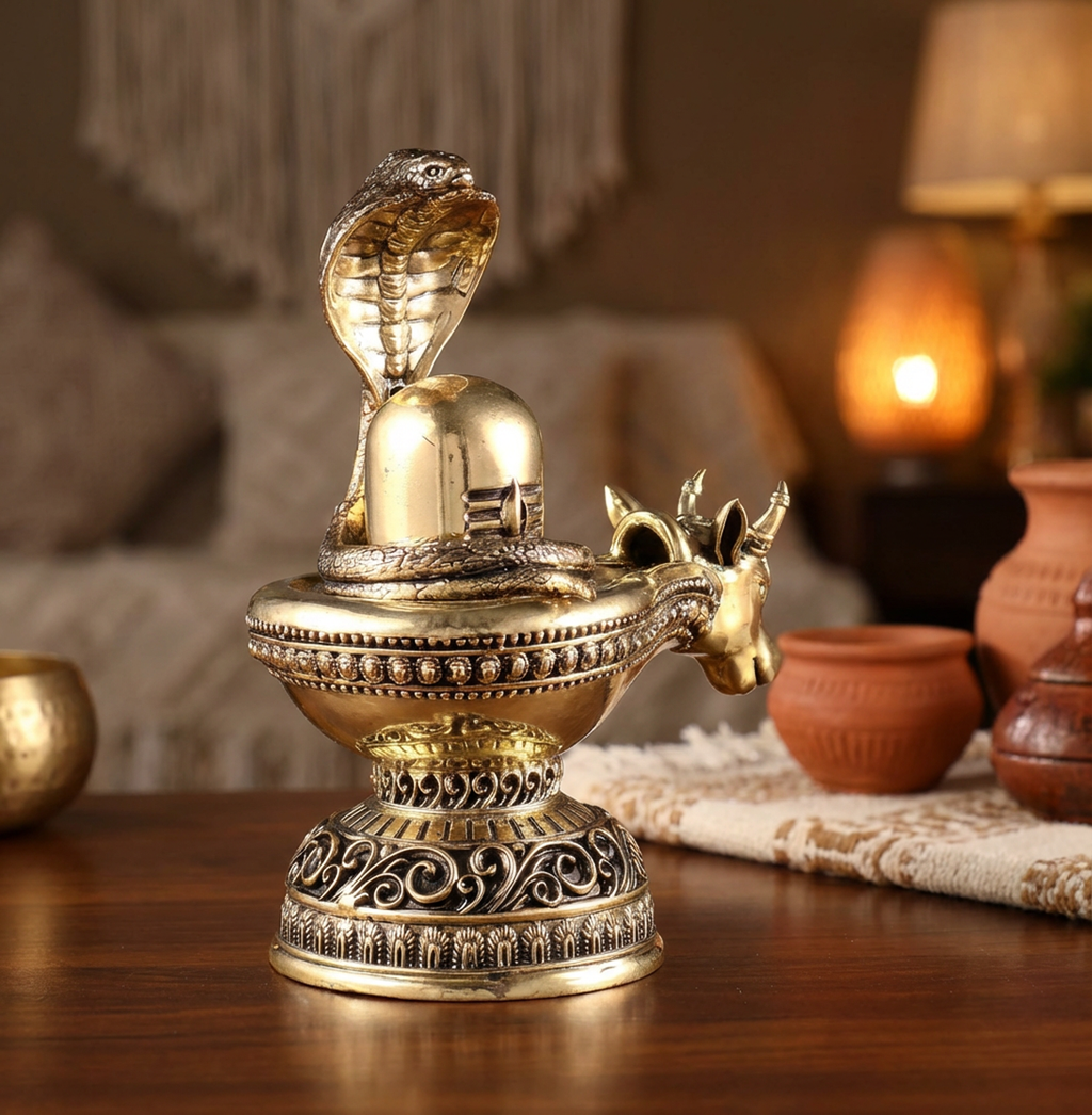 Shivling with Nandi | 7 Inch Shivling Brass Idol | Shiva Pooja Murti | Premium Hindu Spiritual Decor