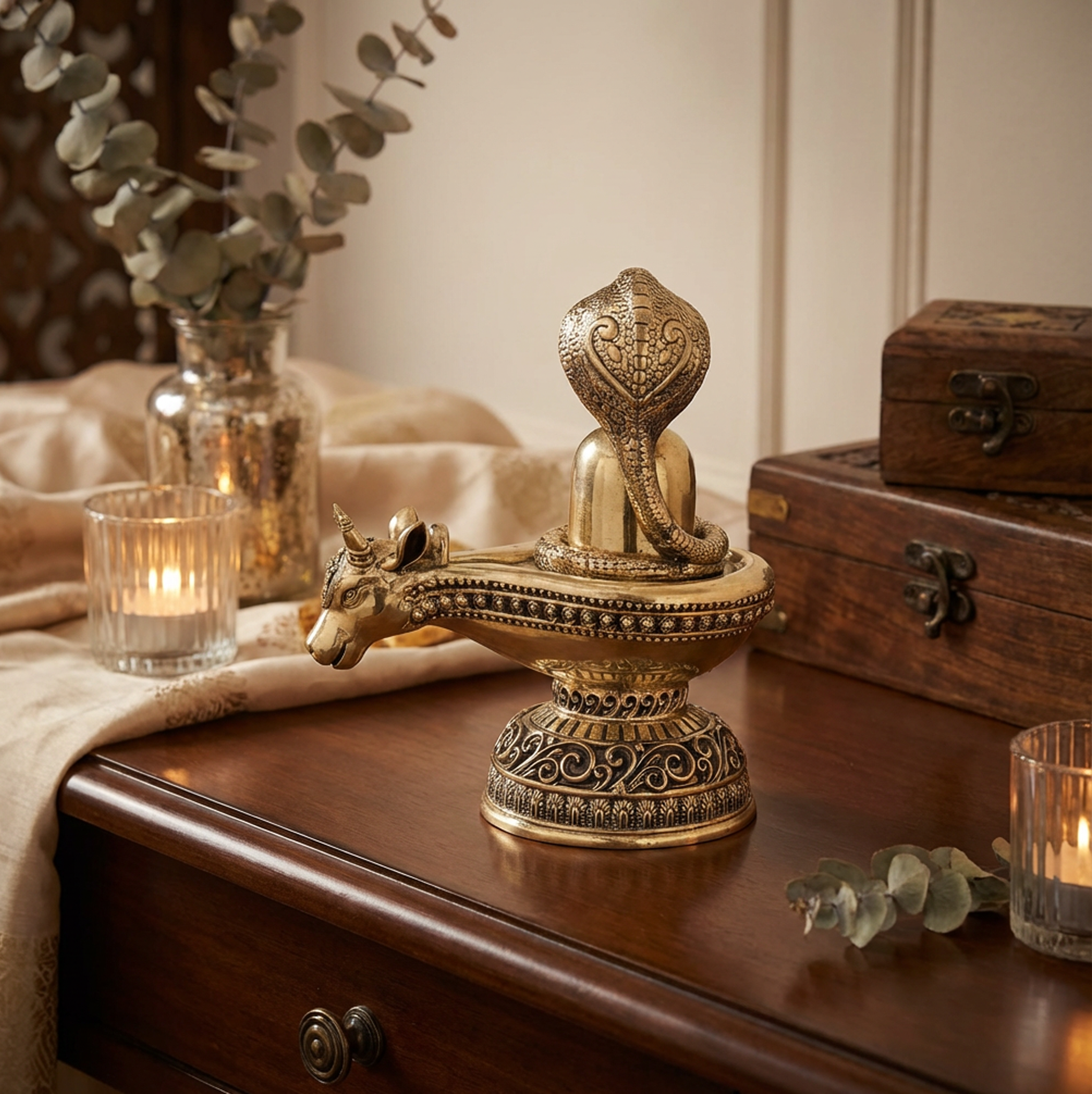 Shivling with Nandi | 7 Inch Shivling Brass Idol | Shiva Pooja Murti | Premium Hindu Spiritual Decor