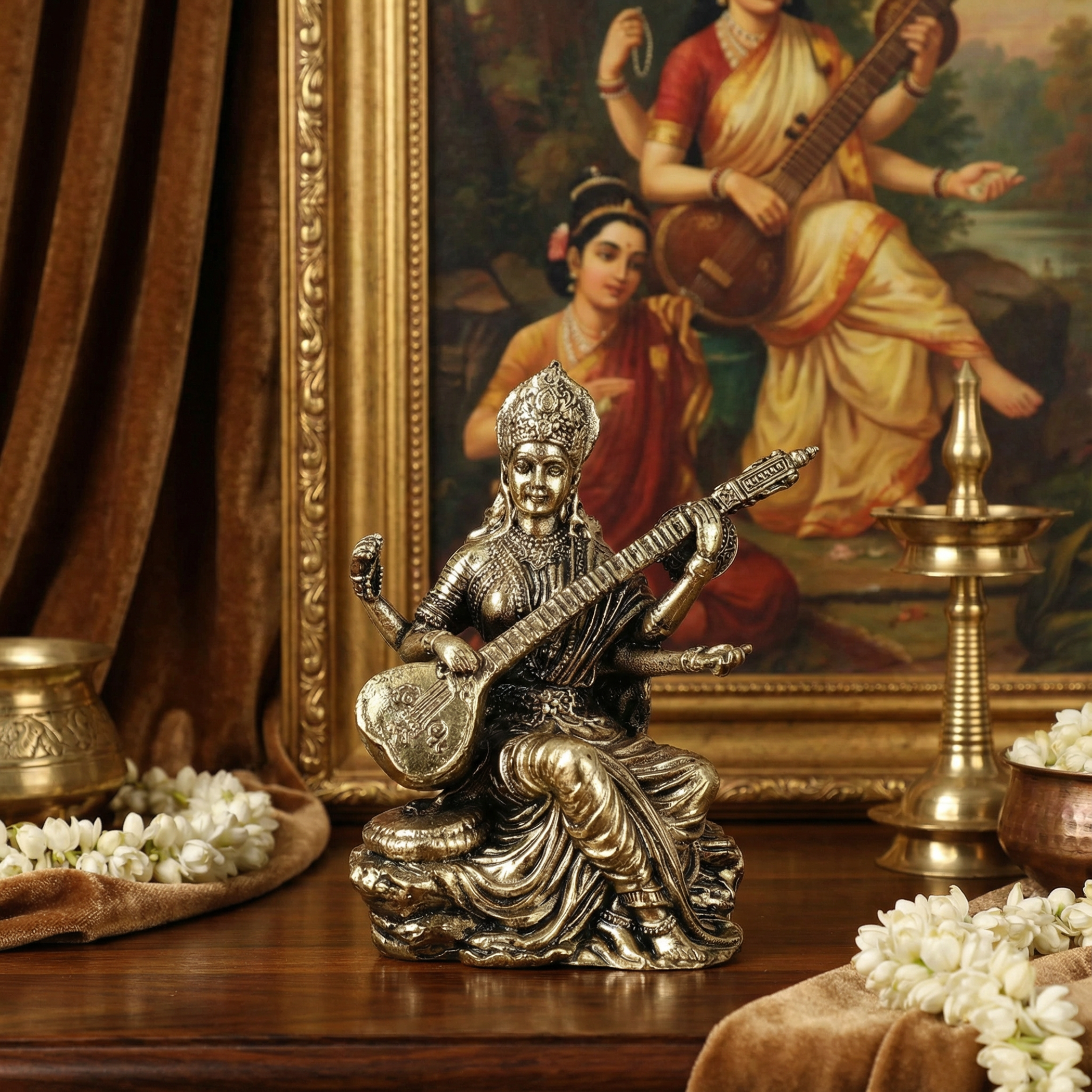 Statue of a musician playing a sitar on a table with decorative items and a painting in the background.