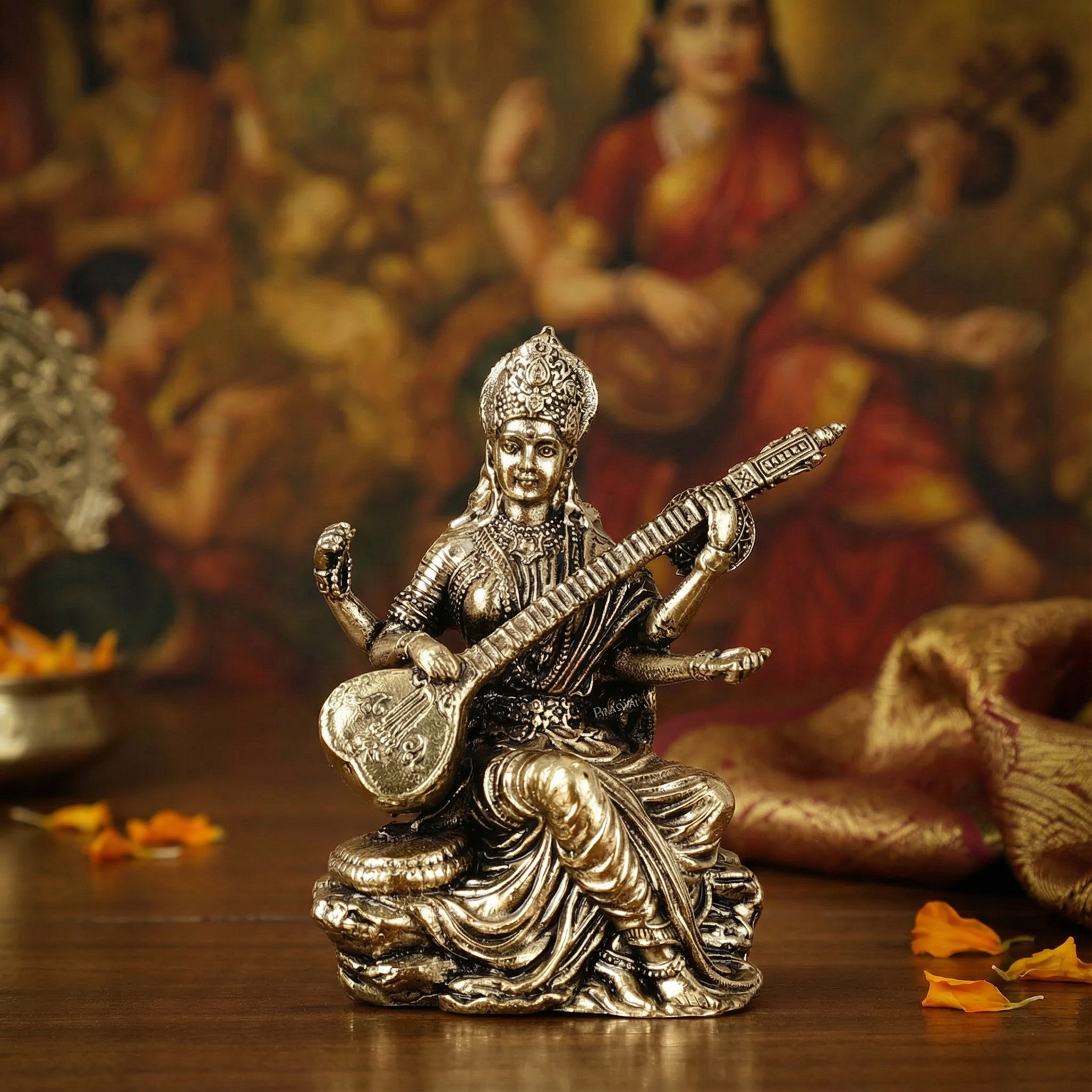 Statue of a deity playing a stringed instrument with a blurred background