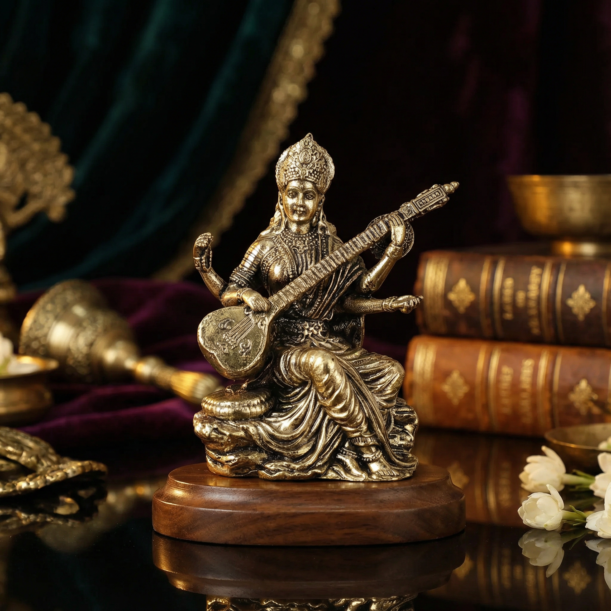Bronze statue of a seated figure with a musical instrument on a wooden base, surrounded by books and decorative items.