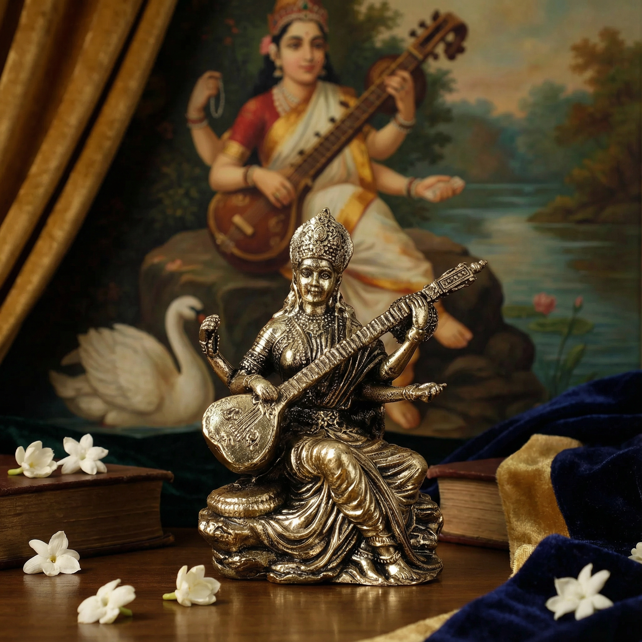 Statue of a musician playing a sitar with a scenic painting in the background