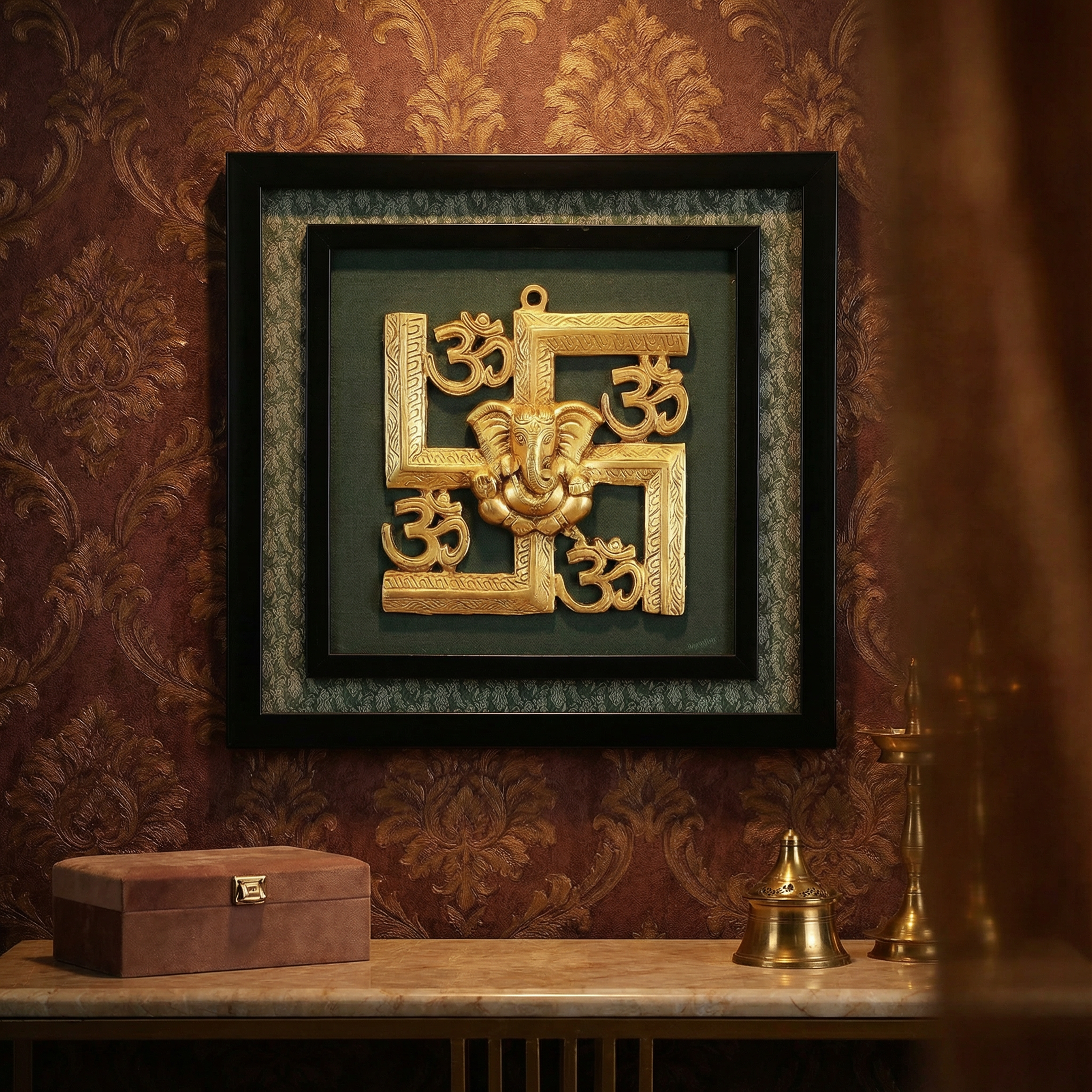Swastika with Om Brass Frame | Silk & Banarasi Brocade Wall Decor | Auspicious Hindu Symbol | Luxury Indian Home Temple Art