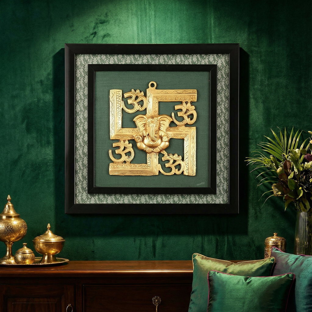 Swastika with Om Brass Frame | Silk & Banarasi Brocade Wall Decor | Auspicious Hindu Symbol | Luxury Indian Home Temple Art