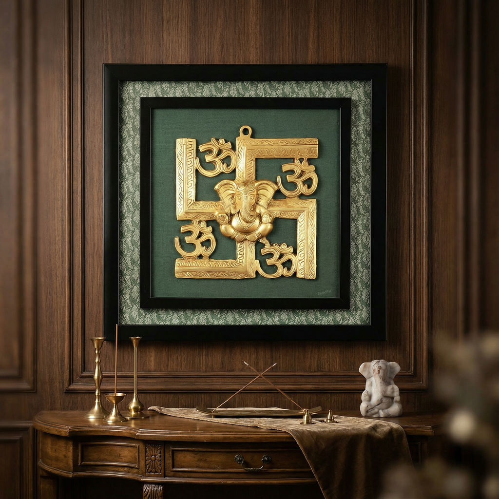 Swastika with Om Brass Frame | Silk & Banarasi Brocade Wall Decor | Auspicious Hindu Symbol | Luxury Indian Home Temple Art