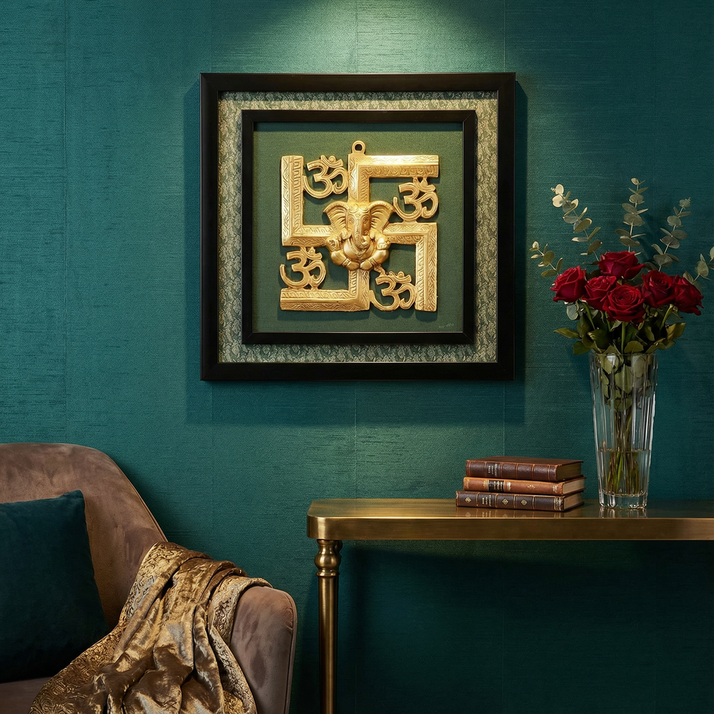 Swastika with Om Brass Frame | Silk & Banarasi Brocade Wall Decor | Auspicious Hindu Symbol | Luxury Indian Home Temple Art
