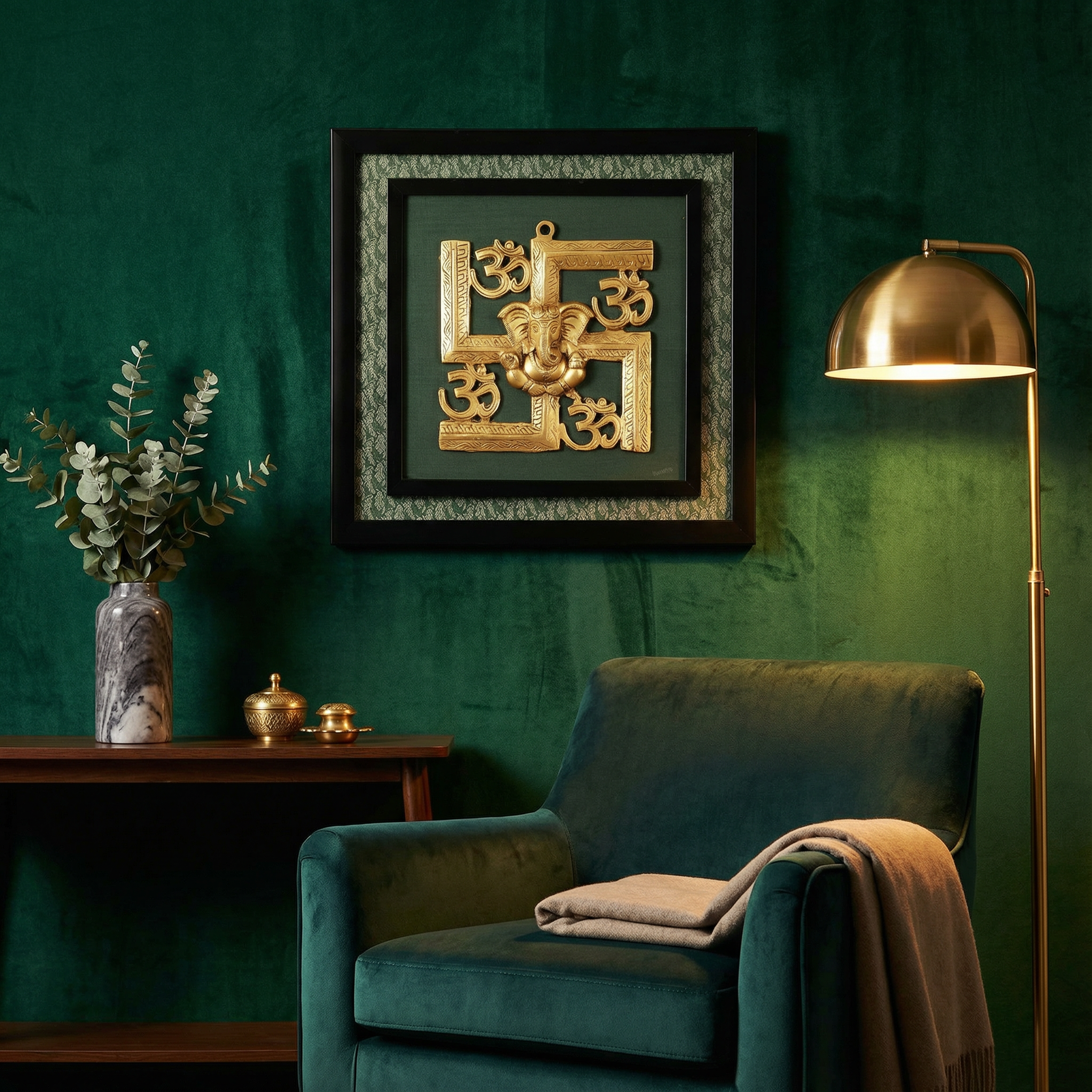 Swastika with Om Brass Frame | Silk & Banarasi Brocade Wall Decor | Auspicious Hindu Symbol | Luxury Indian Home Temple Art