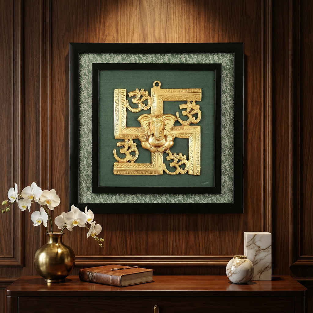 Swastika with Om Brass Frame | Silk & Banarasi Brocade Wall Decor | Auspicious Hindu Symbol | Luxury Indian Home Temple Art